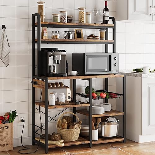 IDEALHOUSE Estante para panaderos con toma de corriente barra de café con cajón de alambre soporte industrial para microondas mesa de bufé de cocina