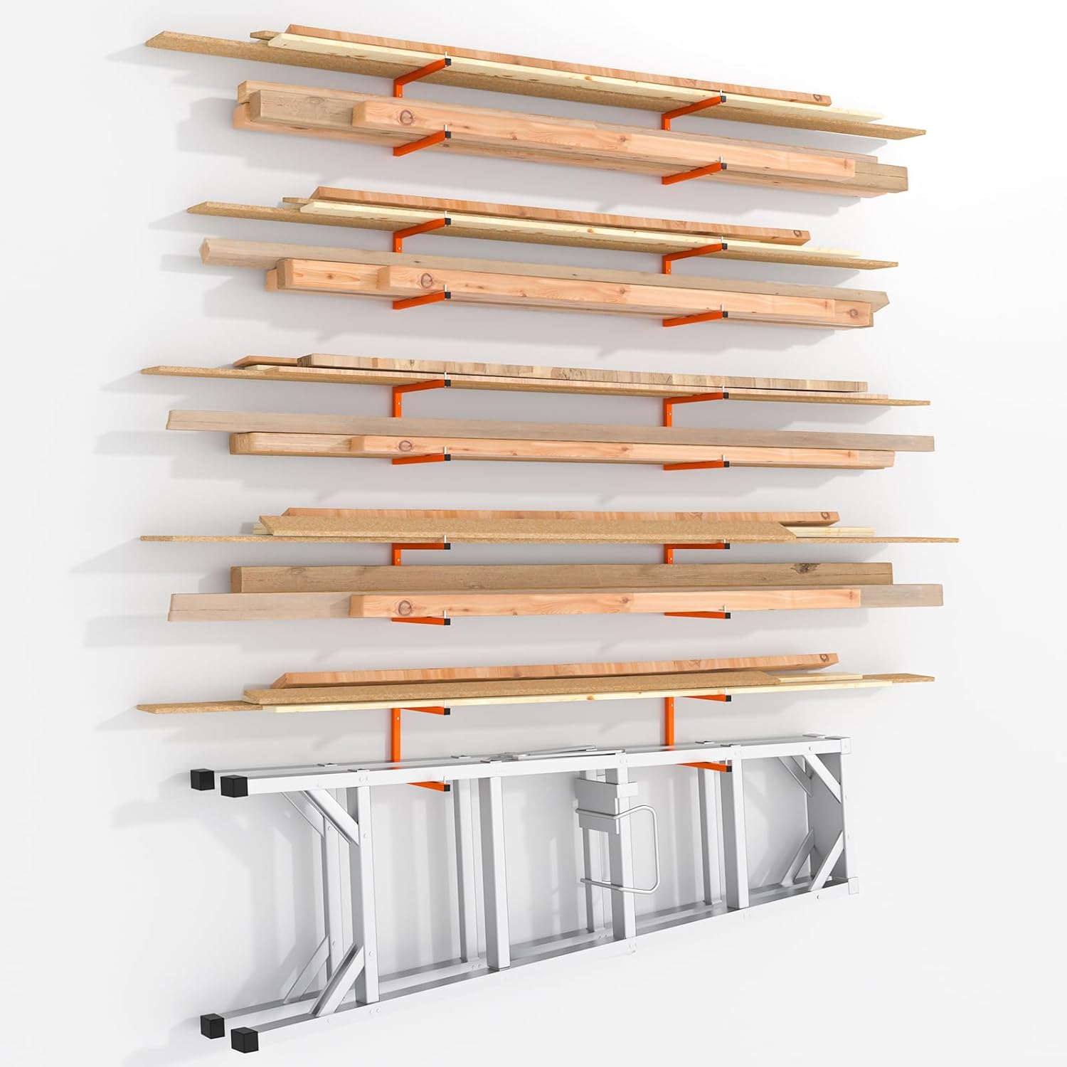 10 Pack Lumber Storage Rack | Wall-Mounted Wood Storage | 10-Tier Heavy-Duty Lumber Rack | 2200 lb Capacity Garage Metal Wood Organizer | Indoor/Outdoor Use (10 Pack-10 Level)