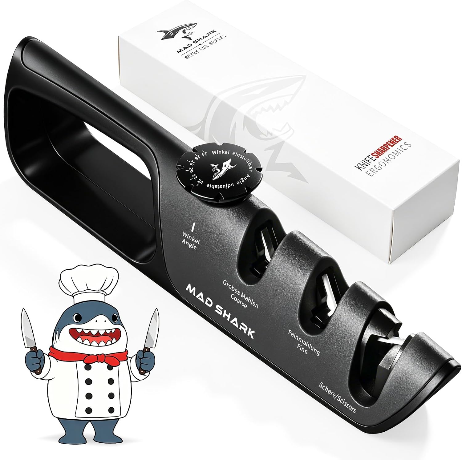 MAD SHARK Knife Sharpener, 6 Adjustable Sharpening Angle-Kitchen Knife Sharpener with Coarse & Fine & Scissor Sharpener, Handheld Knives Sharpening for Kitchen Knife, Folding Knife, Scissors