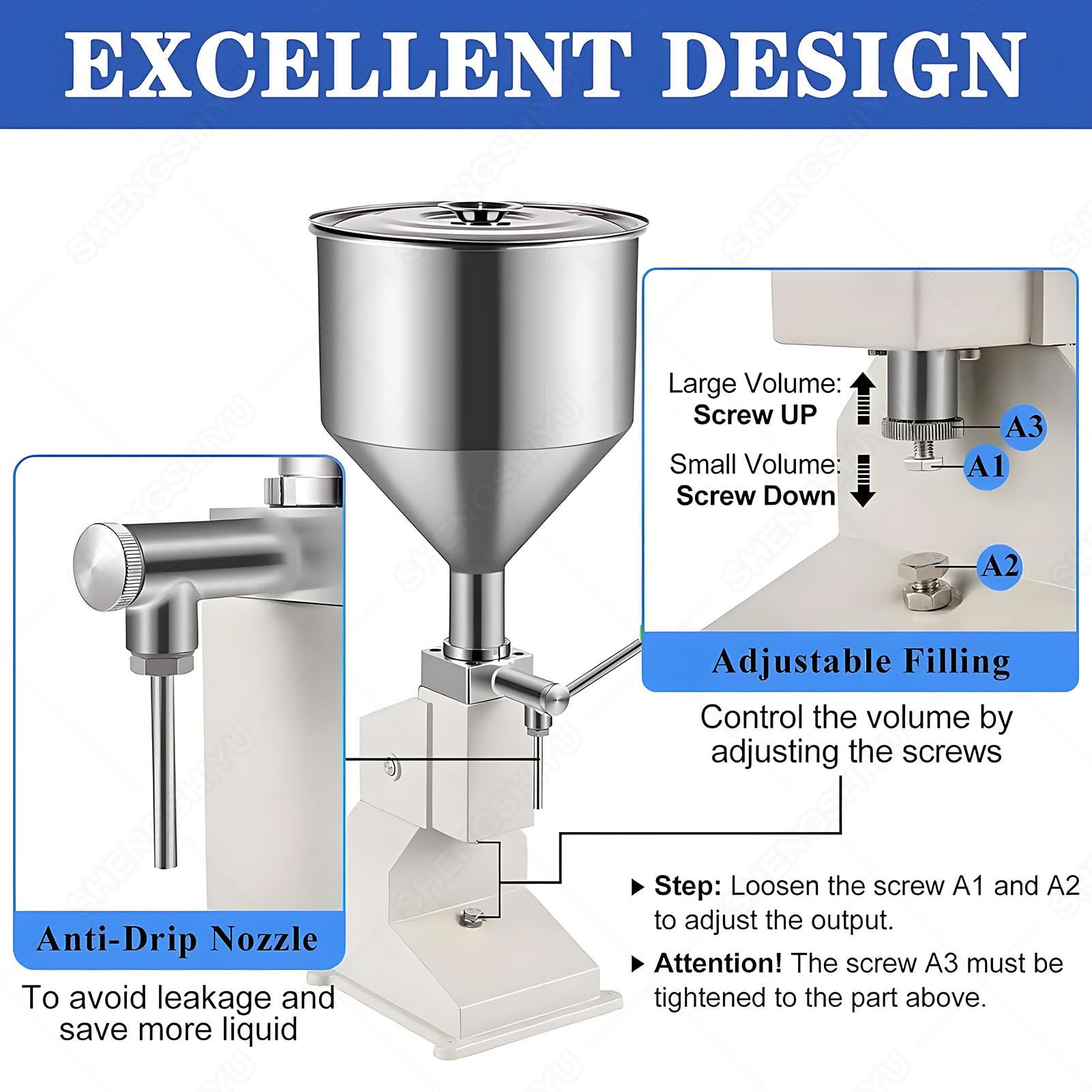 Máquina Llenadora Manual, Máquina de Botellas de Pasta Líquida, Llenadora Embotelladora de Acero Inoxidable con 10L Tolva, 20-30 Ciclos por Minuto, para Aceite, Crema, Cosméticos, Champú