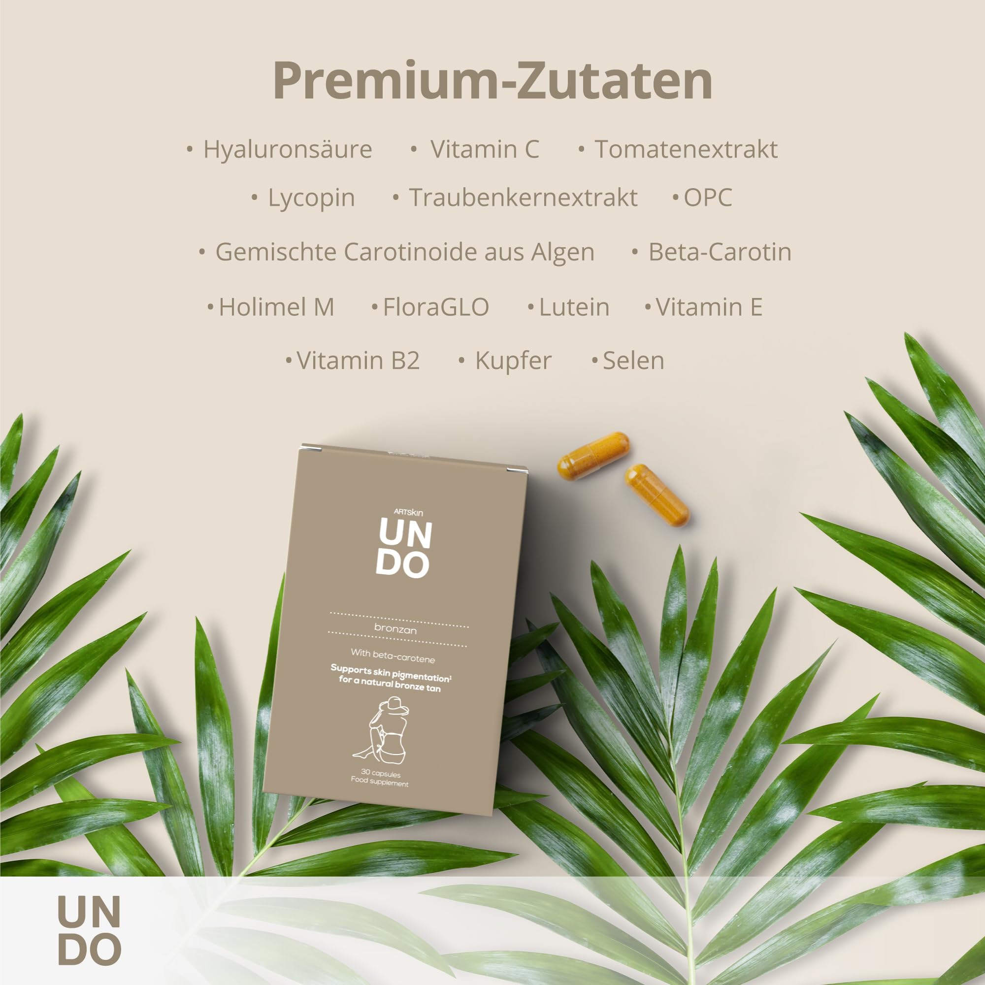 Sensilab Undo Bronzan Bräunungsbeschleuniger, Bräunungskapseln – Beta Carotin, Hyaluronsäure, Lycopin, Kupfer, Selen für Strahlende und Hydratisierte Haut – 60 Carotin Kapseln für 60 Tage