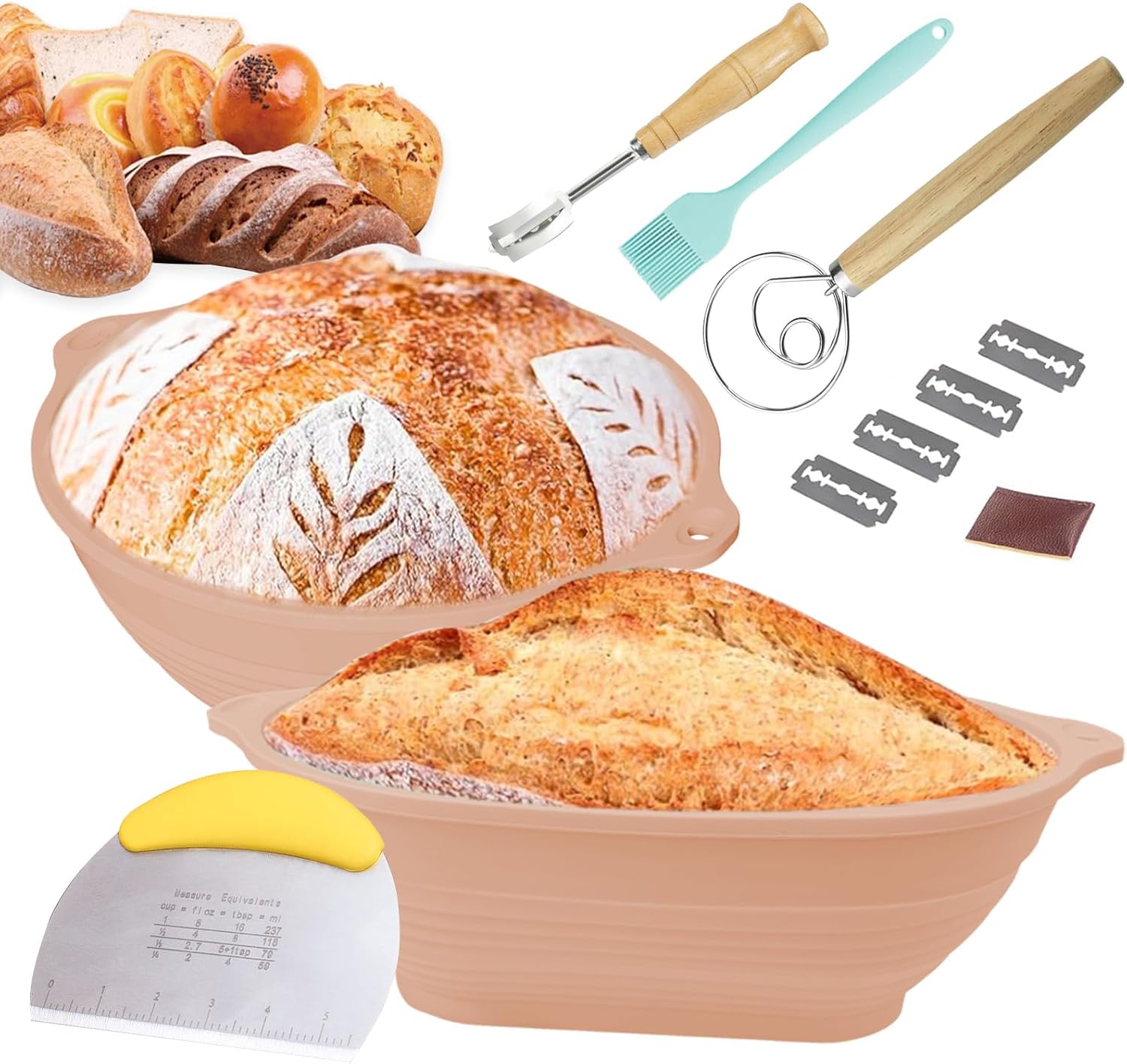 Silicone Sourdough Proofing Basket Set of 2, Foldable 10" Oval & 9" Round Bread Proofing Baskets, Bread Making Tools Kit with Dough Whisk, Scraper, Lames, Brush