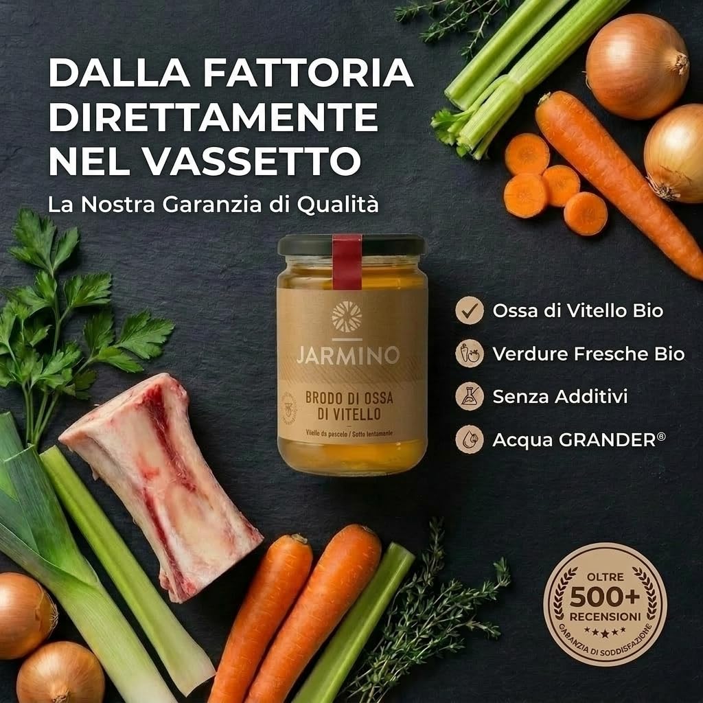 JARMINO brodo biologico di ossa di vitello (6x 350ml) | collagene naturale e acido ialuronico | organico e puro | Bevanda salutare o come base per zuppe e salse
