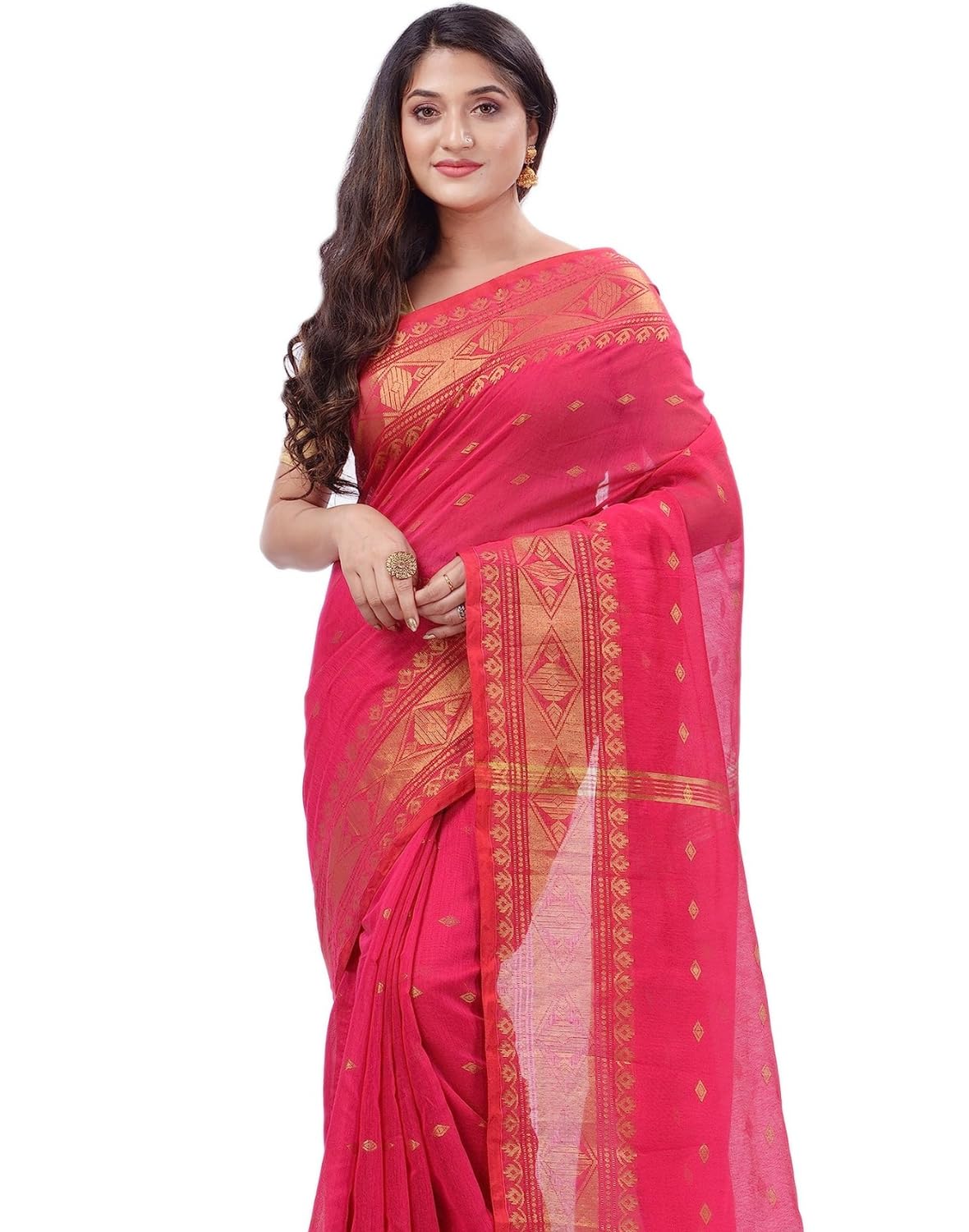dB DESH BIDESH Women`s Bengal Cotton Silk Pure Handloom Cotton Saree Kohinoor Work With Blouse Piece Free Size