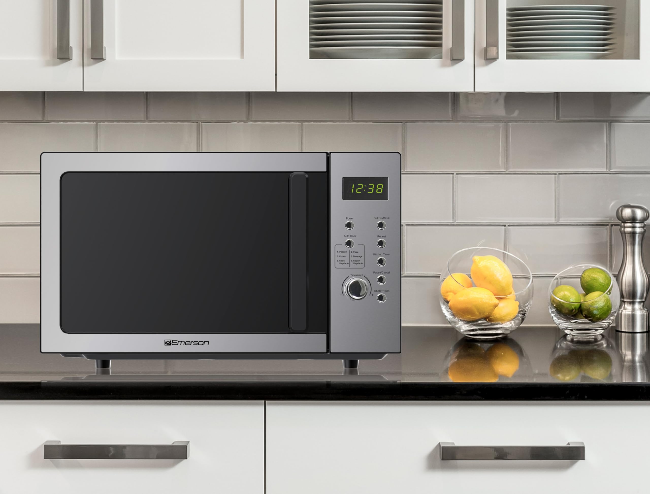MW9005SS - Horno microondas compacto para encimera con control de botón, pantalla LED, 900 W, 5 niveles de potencia, 6 menús automáticos, plato giratorio de vidrio y cerradura segura para 7