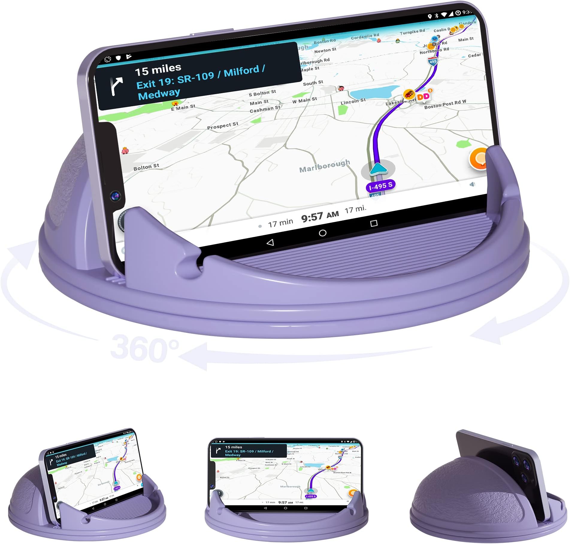 LoncasterCar Phone Holder Mount, [Horizontal 360° Rotatable] Silicone Phone Mount for Car Dashboard, Hands Free Cell Phone Holder Compatible with iPhone 14 13 12 Pro Max Samsung Phones (Purple)