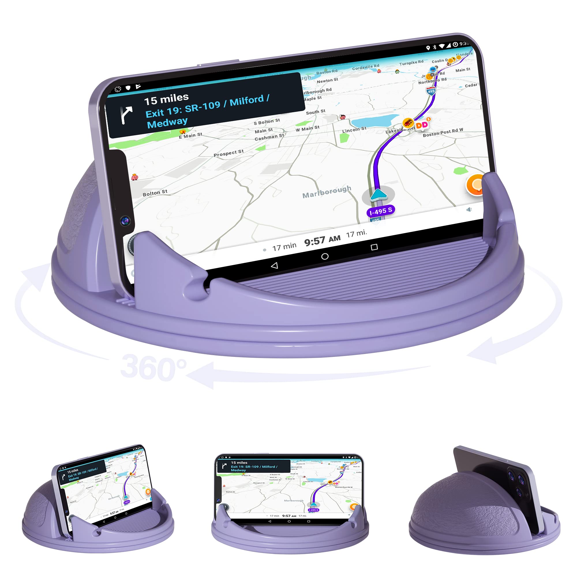 LoncasterCar Phone Holder Mount, [Horizontal 360° Rotatable] Silicone Phone Mount for Car Dashboard, Hands Free Cell Phone Holder Compatible with iPhone 14 13 12 Pro Max Samsung Phones (Purple)