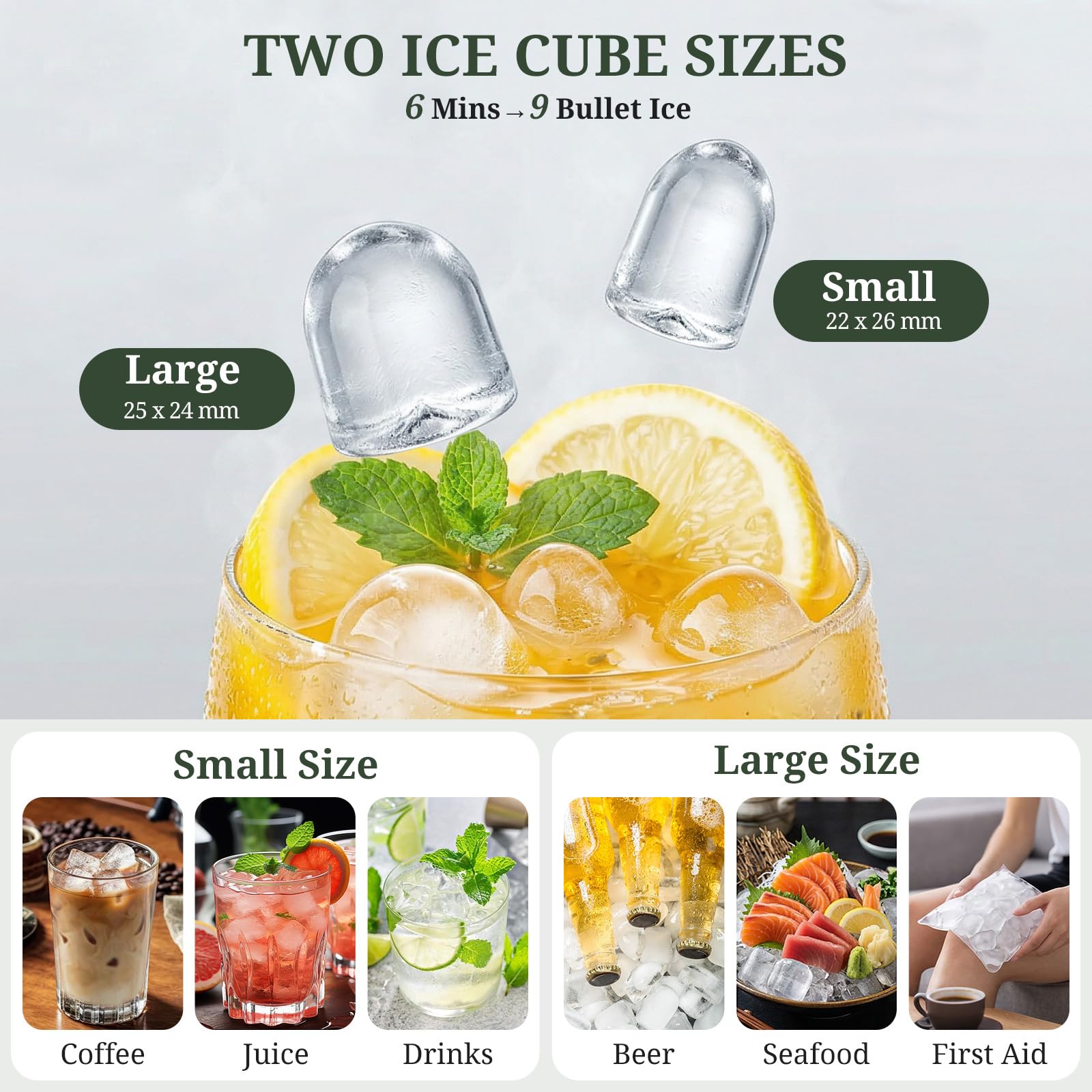 Ice Maker, Portable Ice Makers Countertop With Handle, Basket & Scoop, 26lbs/24hrs, 9 Bullet Ice Cubes In 6 Mins, 2 Ice Sizes, Self-Cleaning, Quiet Compact Ice Machine For Home Kitchen Party, Green on Fridge.com - View 3