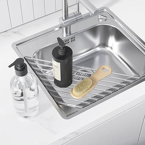Miniatura 7 de Yeepoo Escurridor de platos enrollable triangular, organizador compacto y plegable de acero inoxidable sobre el fregadero, ahorro de espacio para