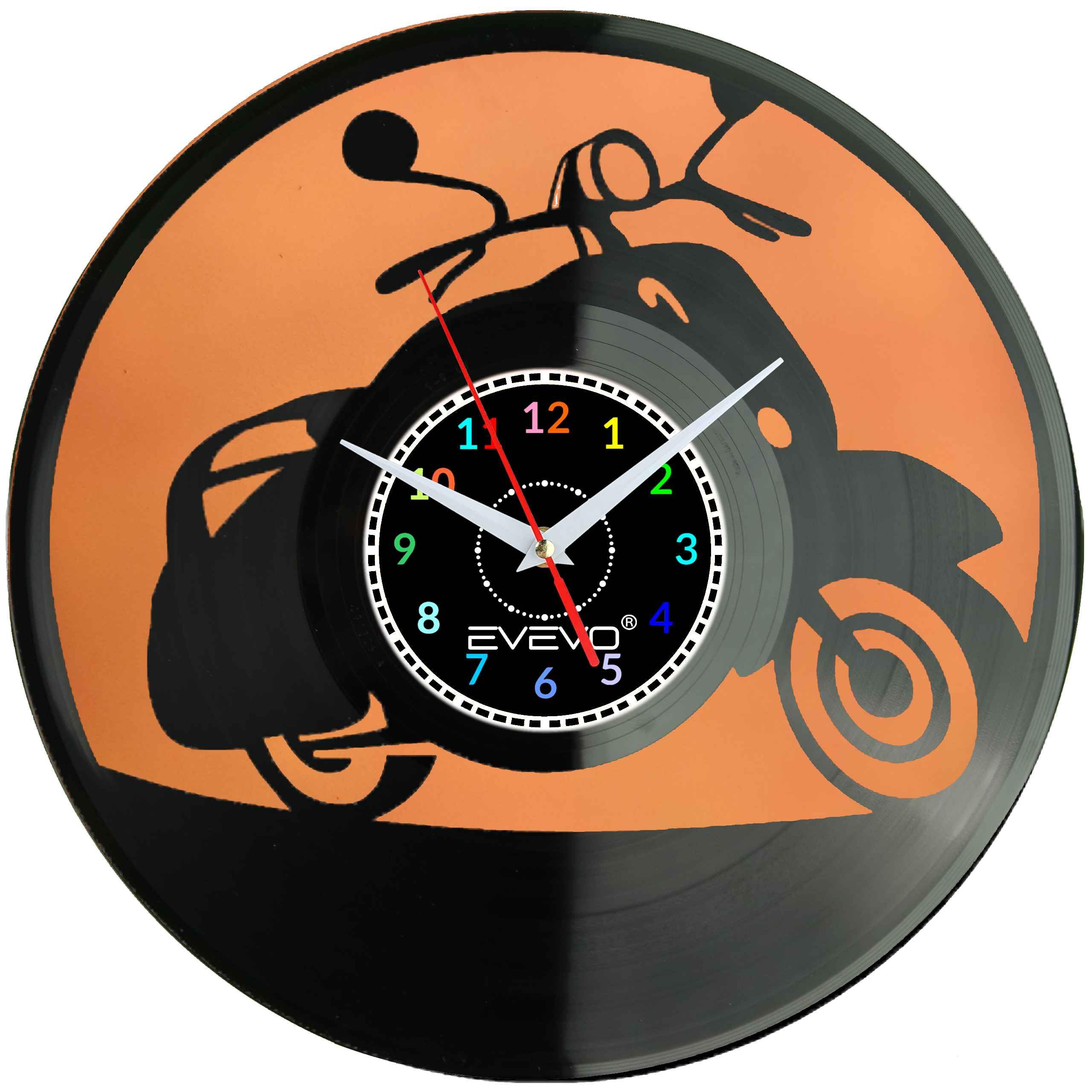 ZEGAR ŚCIENNY SKUTER MOTOROWER KLASYCZNY WŁOSKI FLUORESCENCYJNE TŁO PŁYTA WINYLOWA PREZENT UPOMINEKA GIFT SOUVENIR F0099 EVEVO