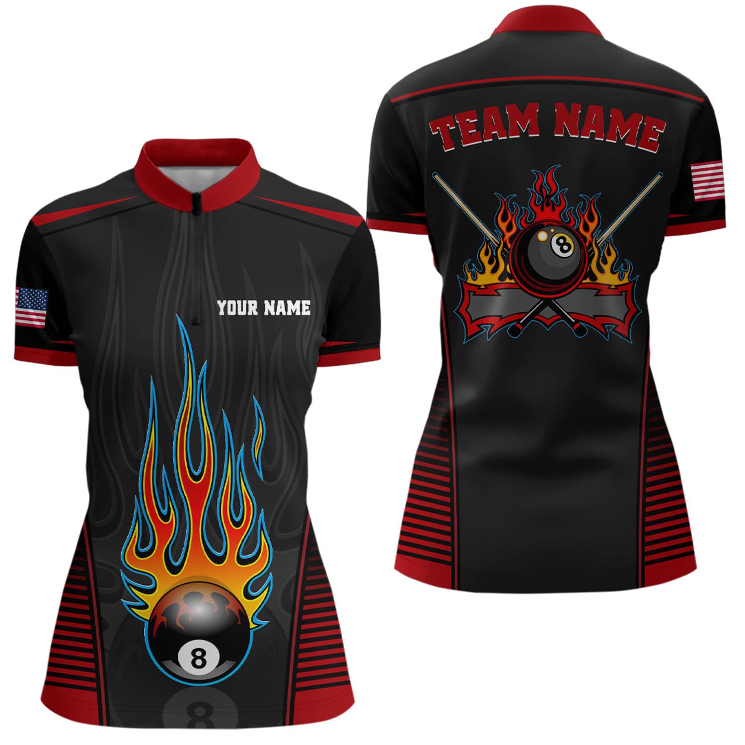 Personalized Red Black Fire 8 Ball Pool Quarter Zip Shirts for Women US Flag Billiard 8 Ball Shirts V0816