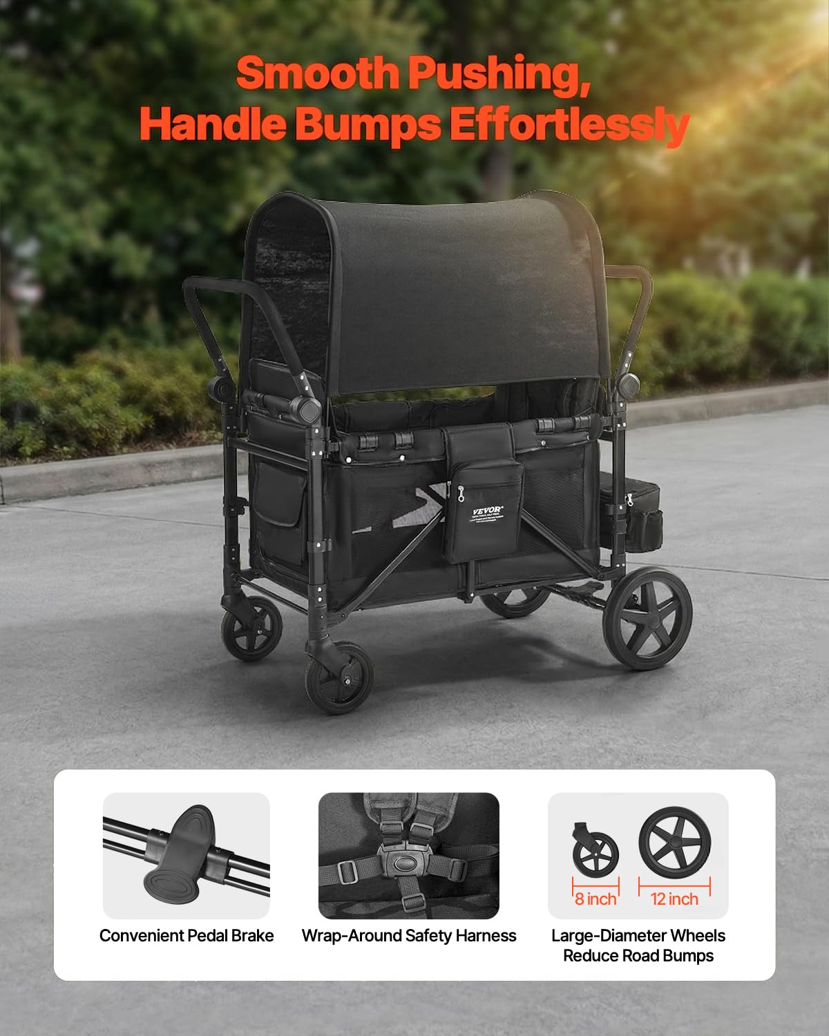 VEVOR Passeggino a Quattro Posti per 4 Bambini, Pieghevole con Maniglia Regolabile, Imbracatura di Sicurezza Tettuccio Rimovibile, Passeggino Bambini Comodo Resistente, Nero, Carico 150 kg