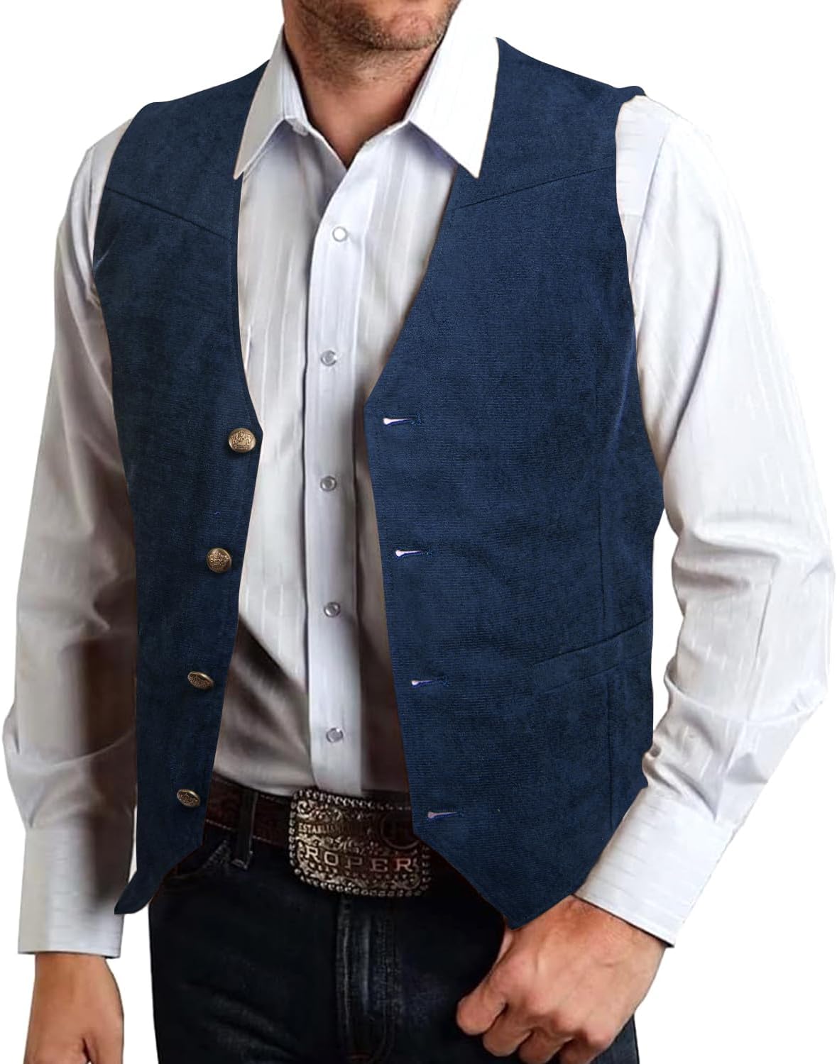 Hi-Tie Men's Suede Leather Vest Western Cowboy Vest Slim Fit Sleeveless V Neck Waistcoat Casual