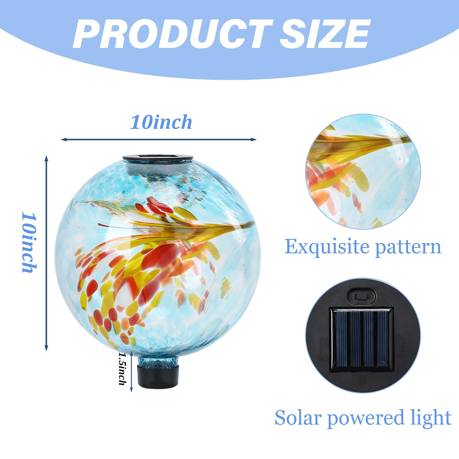 Solar Gazing Ball, 25,4 cm, Glas, reflektierende Gartenkugel für den Außenbereich, Rasen-Dekoration | Gazing Ball, Glaskugel, Solarkugel, Ornament für Garten, Hof, Zuhause, Tisch, Outdoor-Dekoration, Blau