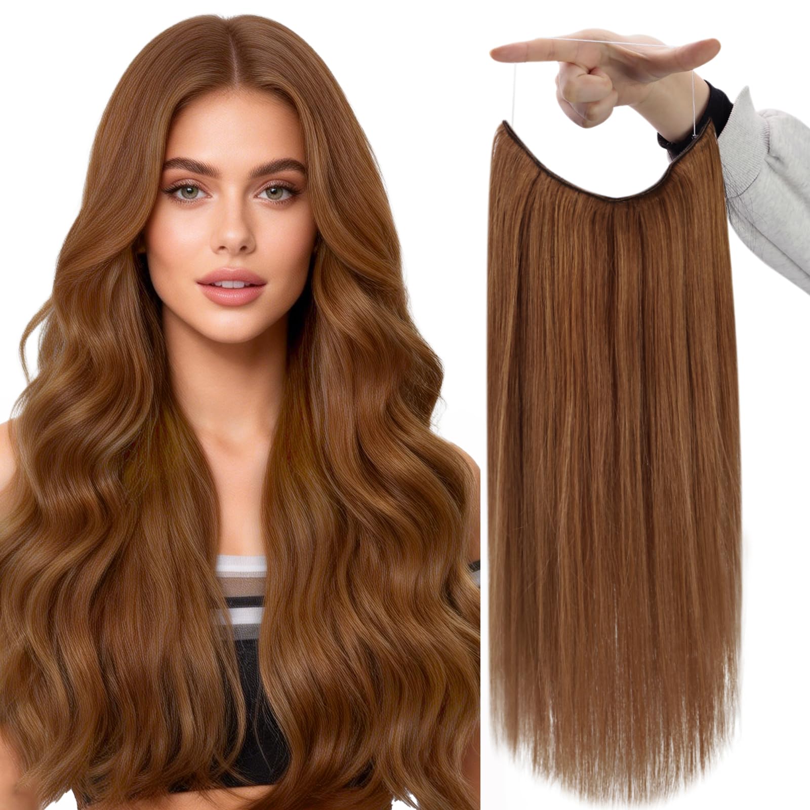 Fshine Invisible Wire Hair Extensions 16 Inch Copper Transparent Fishing Line Hair Extensions Clip in Remy Human Hair 86 G Straight Full Head Layered