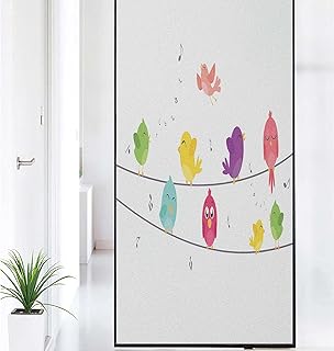 Bird on a Wire Pattern Window Privacy Film,Singing Cartoon Winged Animals and Music Notes on Plain Backdrop Home Decor Film,for Bathroom Shower Kitchen Room Office,35.4" x 78.7" White and Multicolor