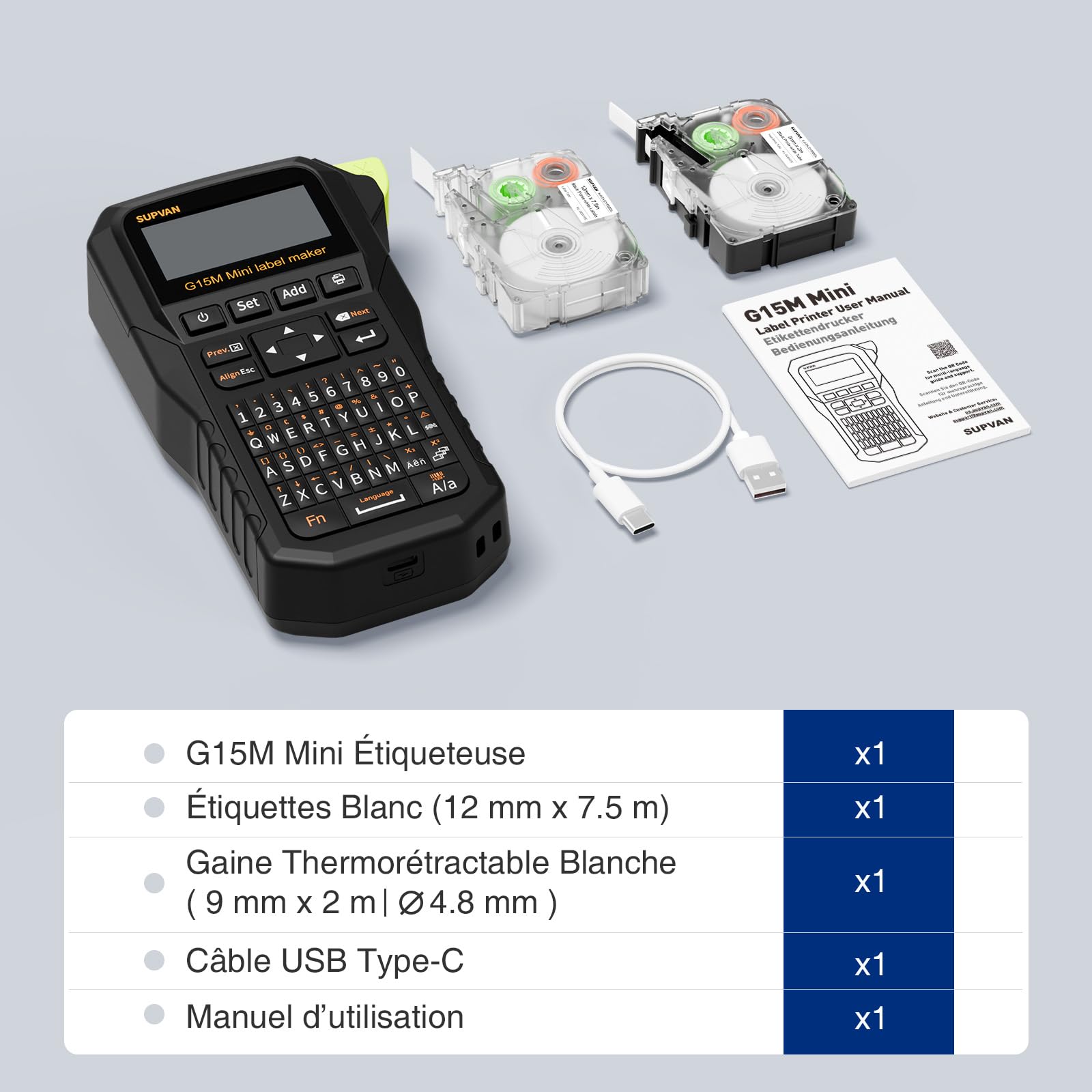 SUPVAN G15M Mini Étiqueteuse Portable avec Tube Thermorétractable | Thermorétractable & Multi-Étiquettes,Rechargeable,LCD Rétroéclairé,Marge Réduite,Transfert Thermique,Maison,Garage,Extérieur