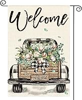 AVOINcolorlife Welcome Spring Truck Garden Flag 12x18 Inch Double Sided - Rustic Buffalo Plaid Cotton Yard Outdoor Decor