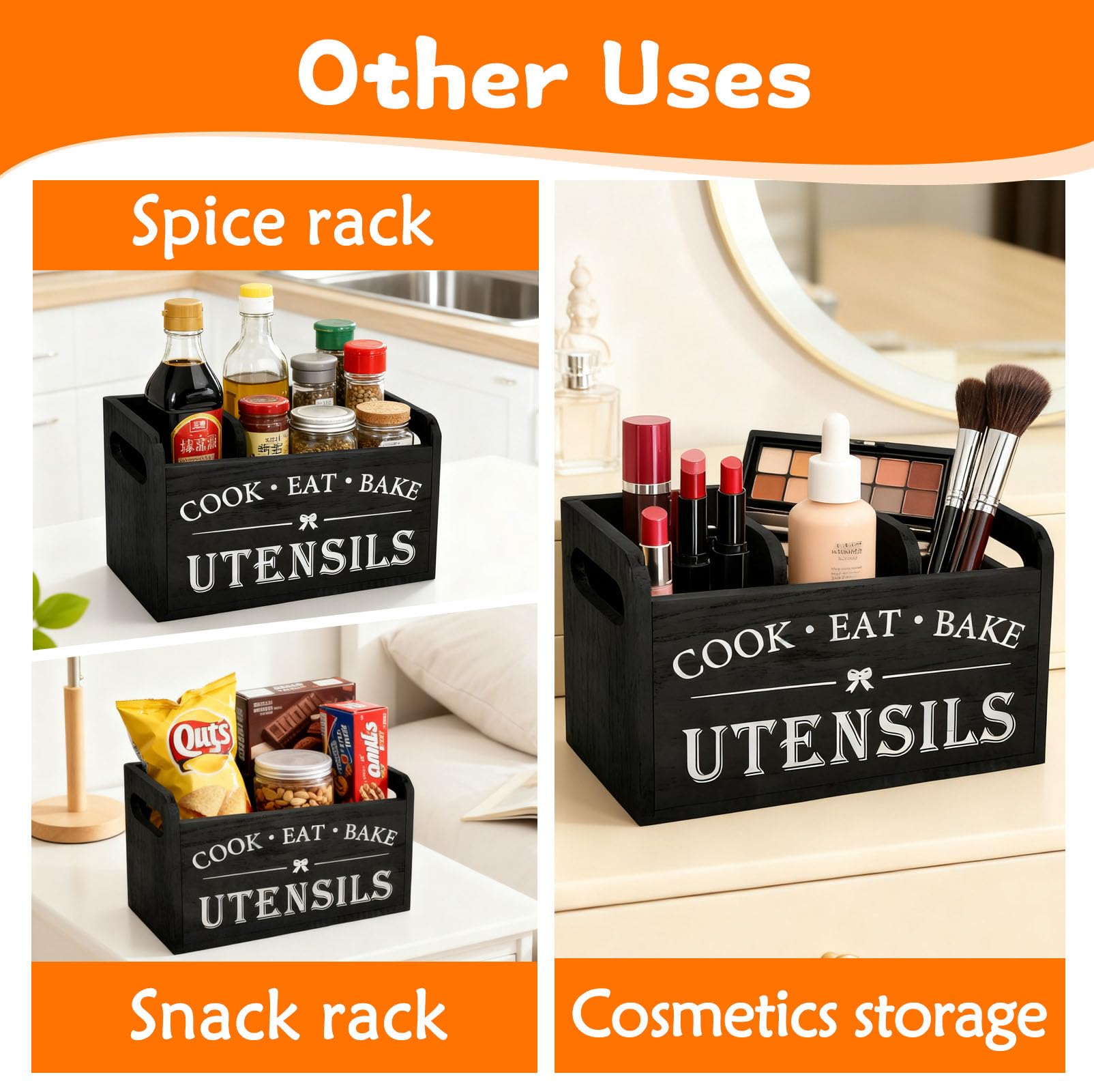 Portautensili da cucina con 3 Scomparti & Fori Drenaggio, Organizer Utensili Legno Porta Mestoli, Scatola Immagazzinaggio Stoviglie Organizzatore Posate per Tavoli, Piani Lavoro, Bacchette, Forchette