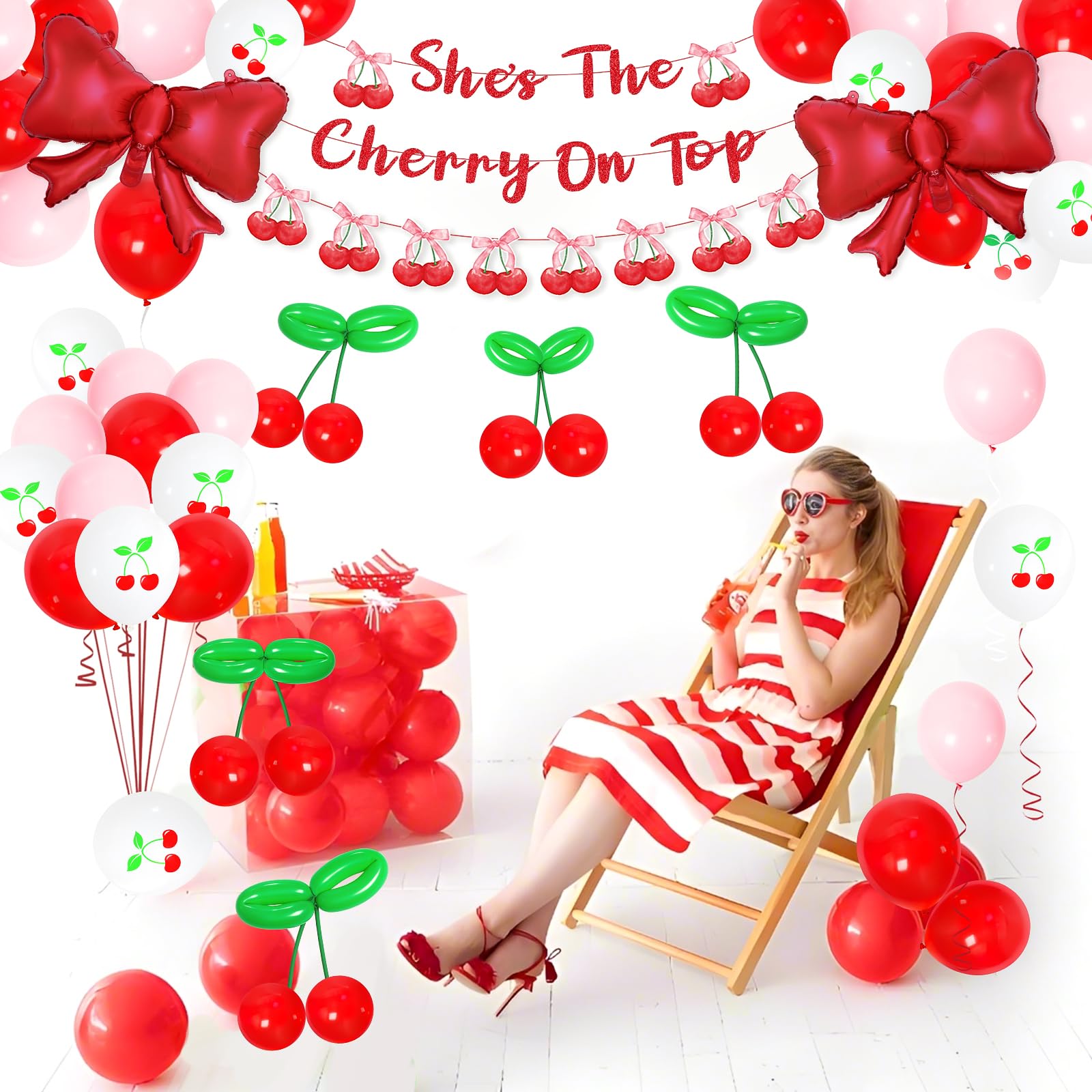 Kreatwow Red Coquette Cherries Decorazioni Set Tema frutta Sfondo per addio al nubilato Banner Palloncino Fornure per fidanzamento per ragazza dolce  15