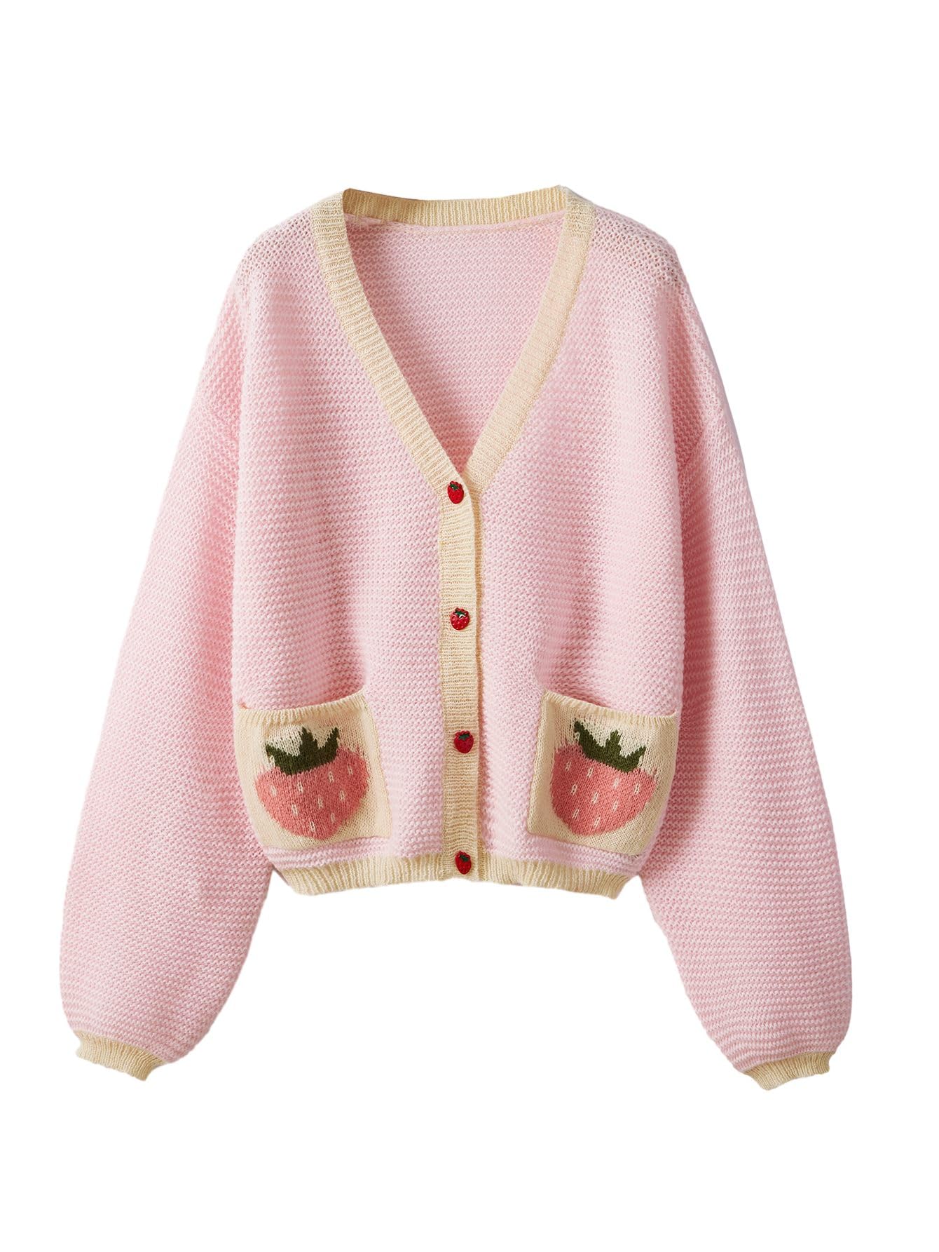 SHENHEWomen's Strawberry Pattern Open Front Bishop Sleeve Casual Cardigan