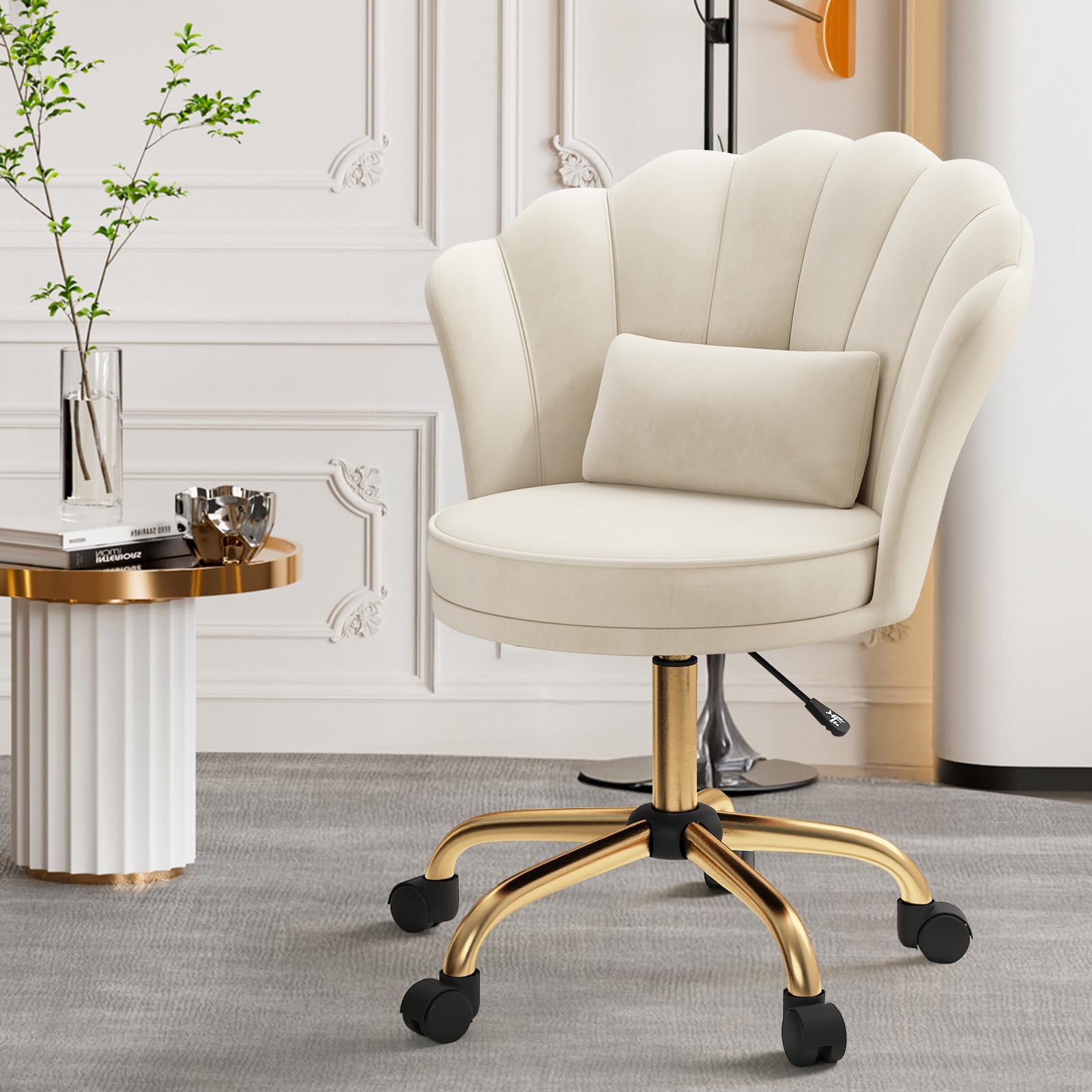 Homeoffice Stuhl,Schminkstuhl,SamtStuhl mit Kopfkissen Blütenblatt-Rückenlehne 360° drehbar Höhenverstellbar Bürostuhl ergonomisch für Arbeitszimmer Schlafzimmer,bis 120kg belastbar Beige