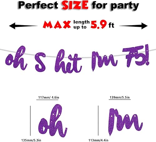 Miniatura 3 de Oh S*it I'm 75! - Pancarta de fondo con purpurina púrpura Hello 75 Cheers to 75 años de edad, decoración temática para niños y niñas, suministros de