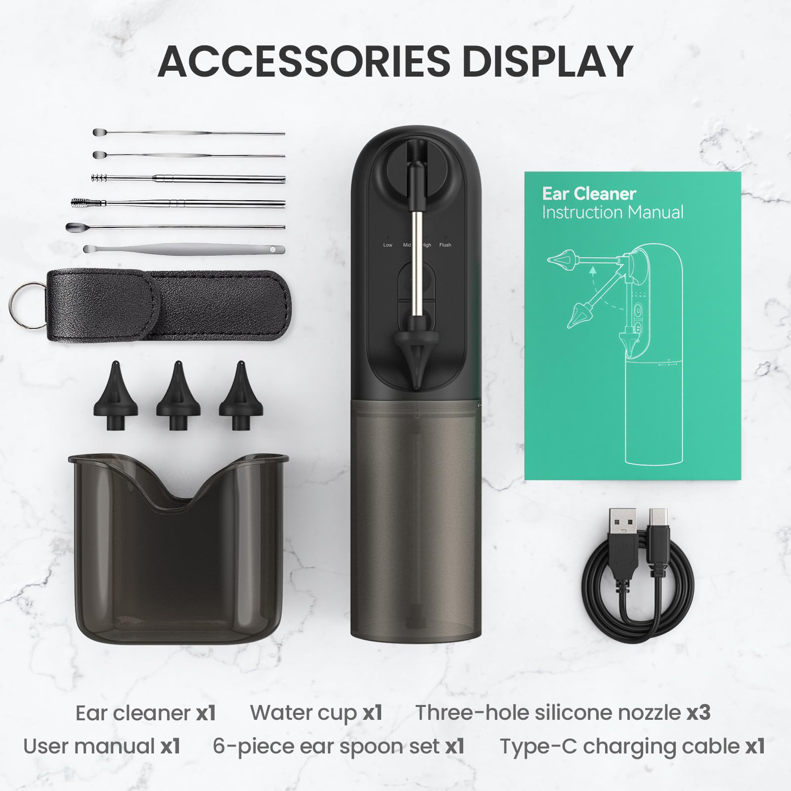 Limpiador de oídos, herramienta de eliminación de cera de oídos, kit de limpieza de oídos, recargable, limpiador de oídos impermeable con 4 ajustes de presión, kit de eliminación de cera de