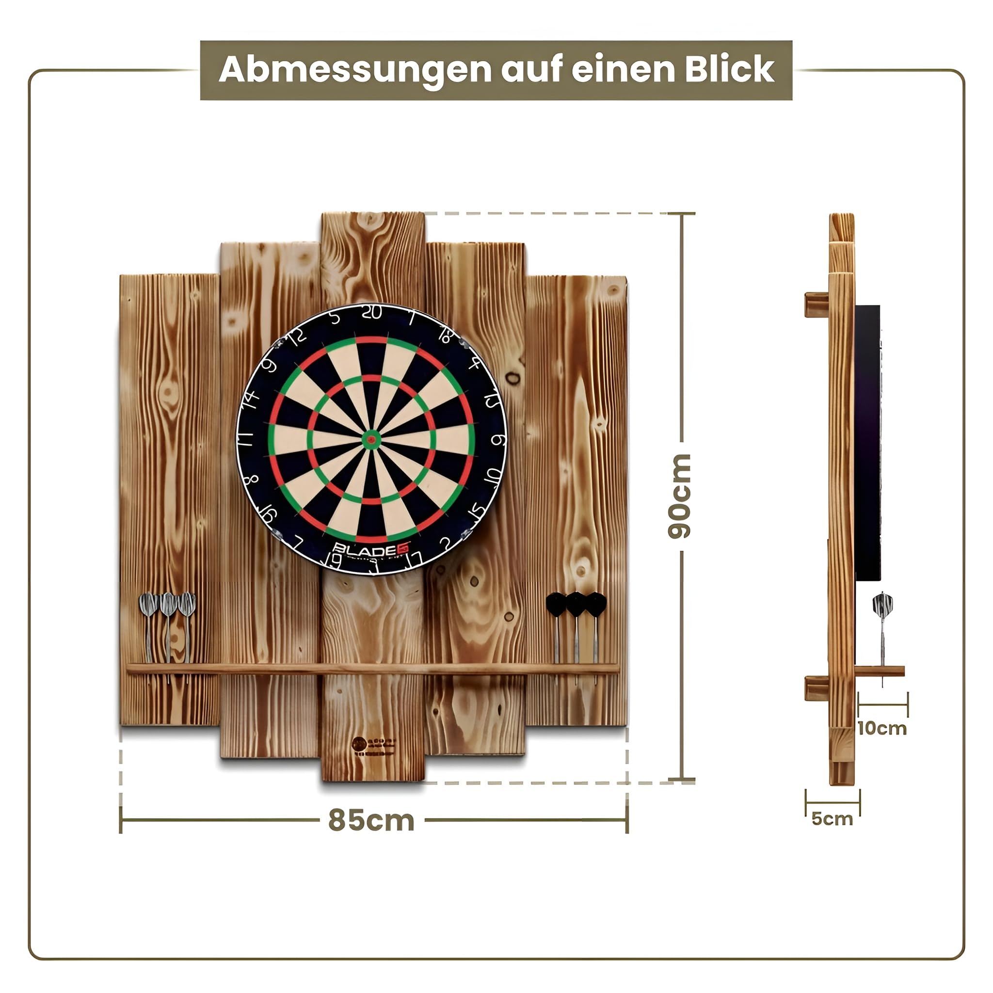 Wooden Dartboard Surround | Premium Dart-Wandschutz & Tablet-Halter (Optional) | Geflammter Burned Look oder Color Design (Catchring, Dart Umrandung, Backboard)