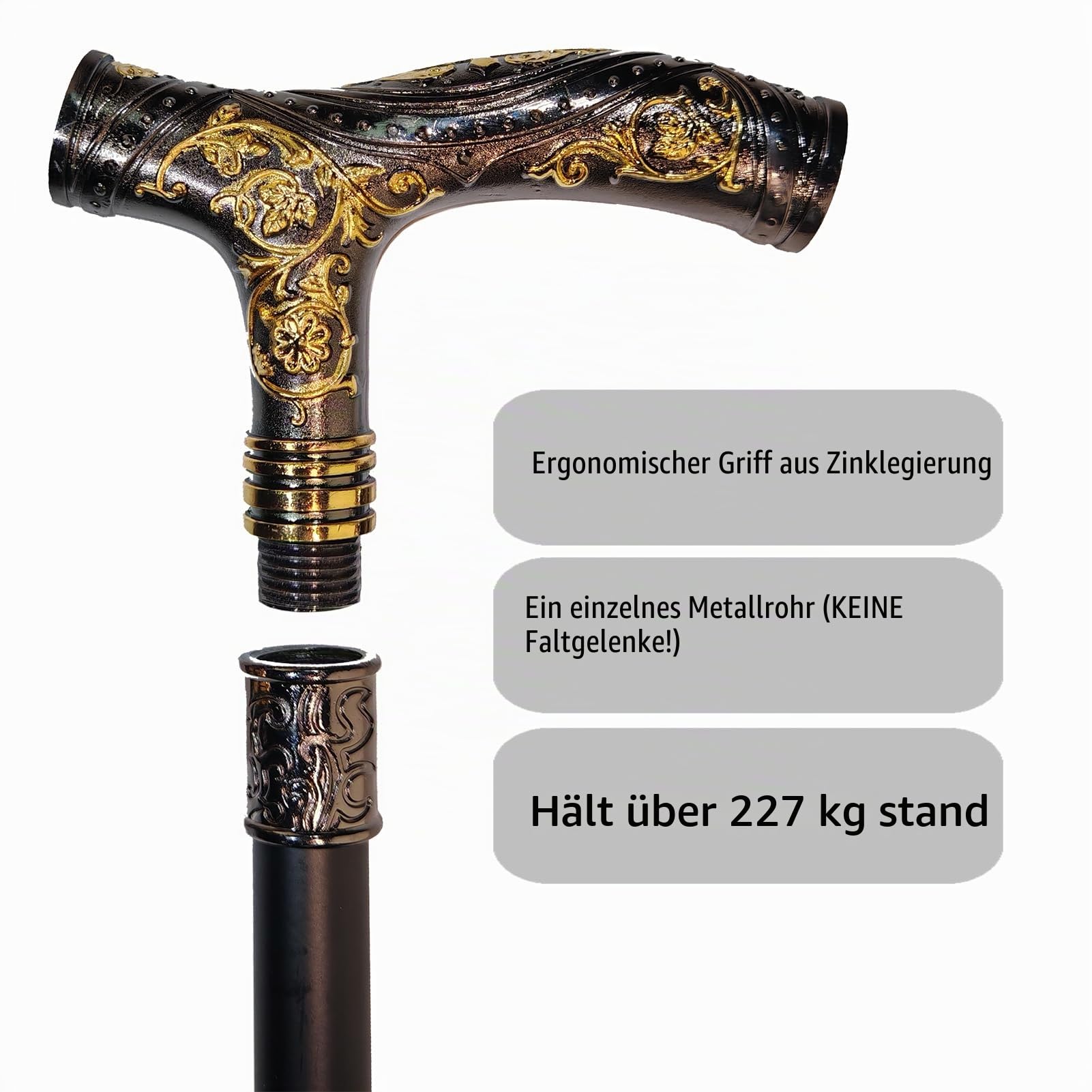 Gehstock für Damen und Herren – 92,7 cm, strapazierfähig, 150 kg Kapazität, ergonomischer Griff, dekoratives und kunstvolles Design, Gothic- und Gothic-Stil, elegant, mattes Schwarz und Gold