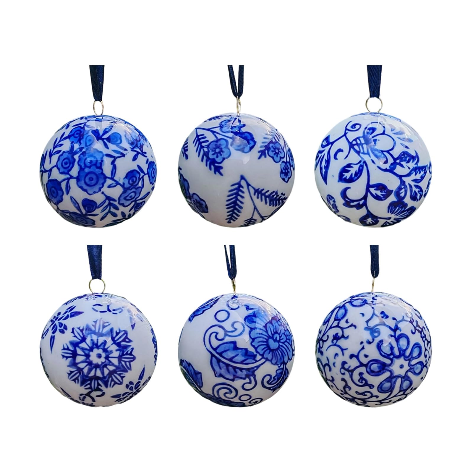 Suspension pour sapin de Noël en céramique bleue et blanche : ambiance chic slave, lot de 6
