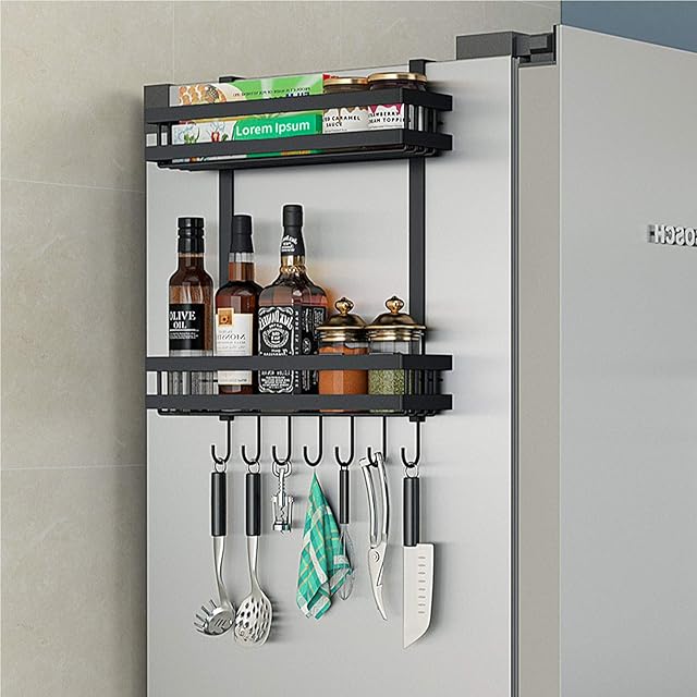 DaiWeier kitchen shelf, spice rack, wall, refrigerator hanging shelf, black, kitchen multifunctional storage container, 2-layer spice shelves with 6 hooks, 48.5 x 40 x 9.2 cm