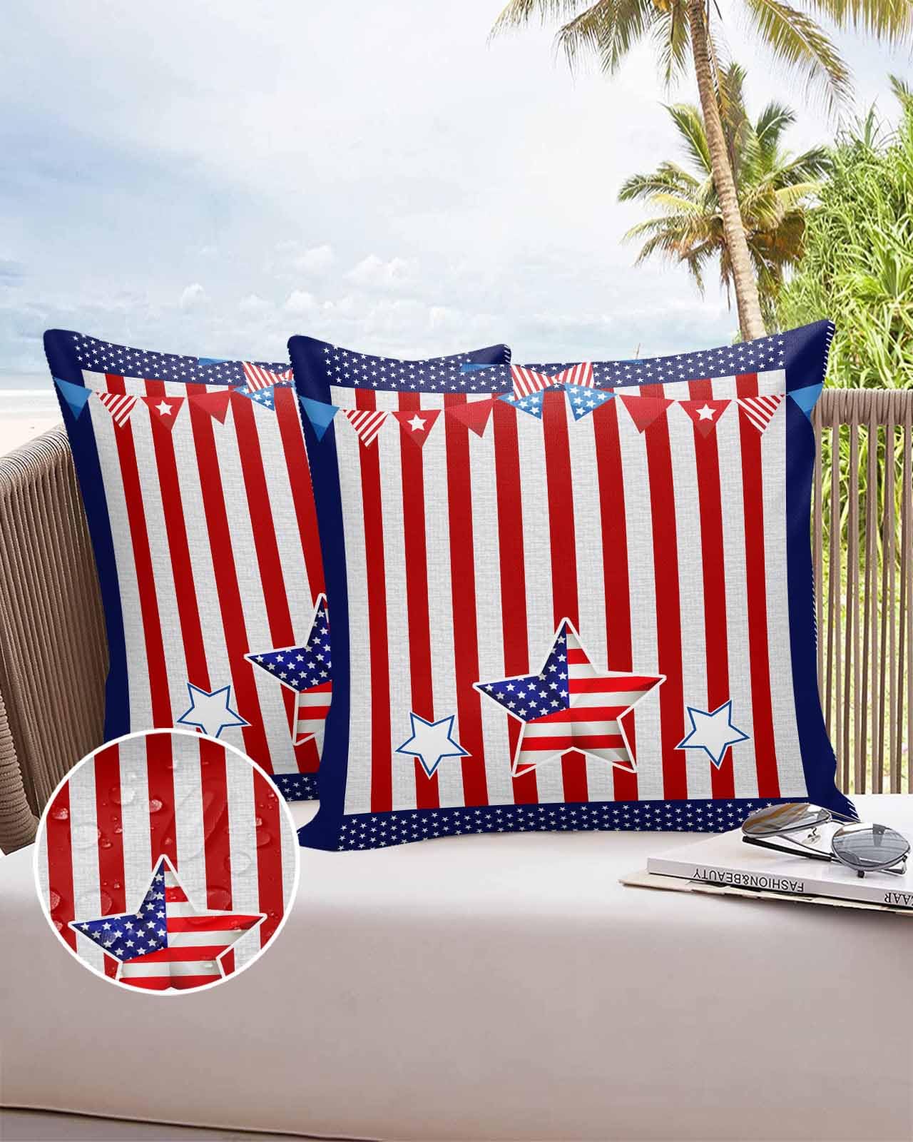 Boanket Outdoor Pillow Covers 18 x 18 in, Red Striped 4th of July Waterproof Throw Pillow Cover Set of 2, Independence Day Blue Star Home Decorative Square Cushion Covers for Patio/Tent/Couch/Garden