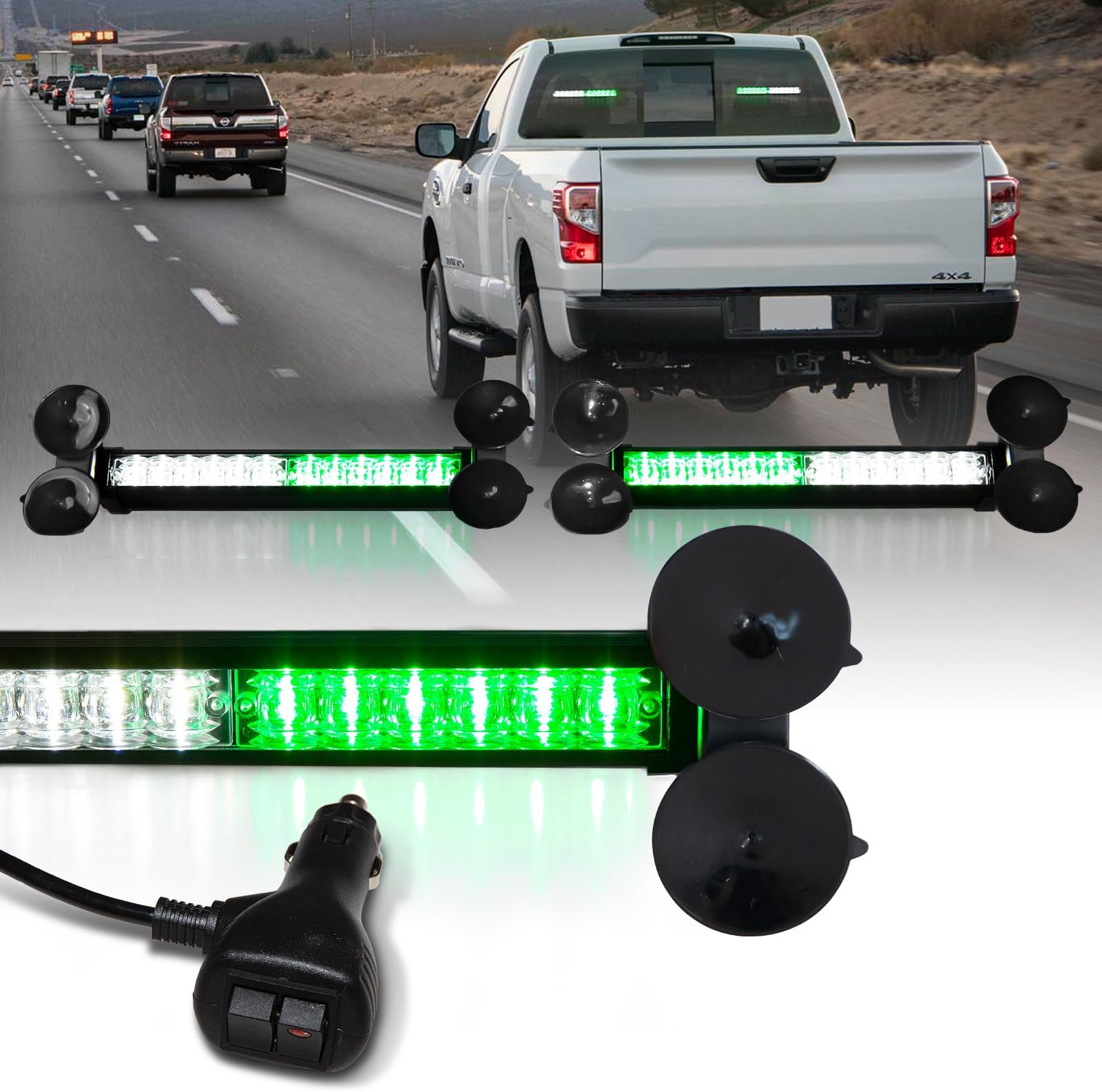 LUMENIX 2x12 Inch LED Traffic Advisor Emergency Strobe Lights Bar Front/Rear Window Windshield 2-in-1 Warning Directional Flashing Light for Construction Vehicles Tow Trucks Snow Plow- White Green