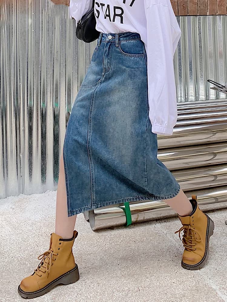 PYTRXGBO Gonna in denim a vita alta con bottoni asimmetrica a vita alta da donna, Blu, M