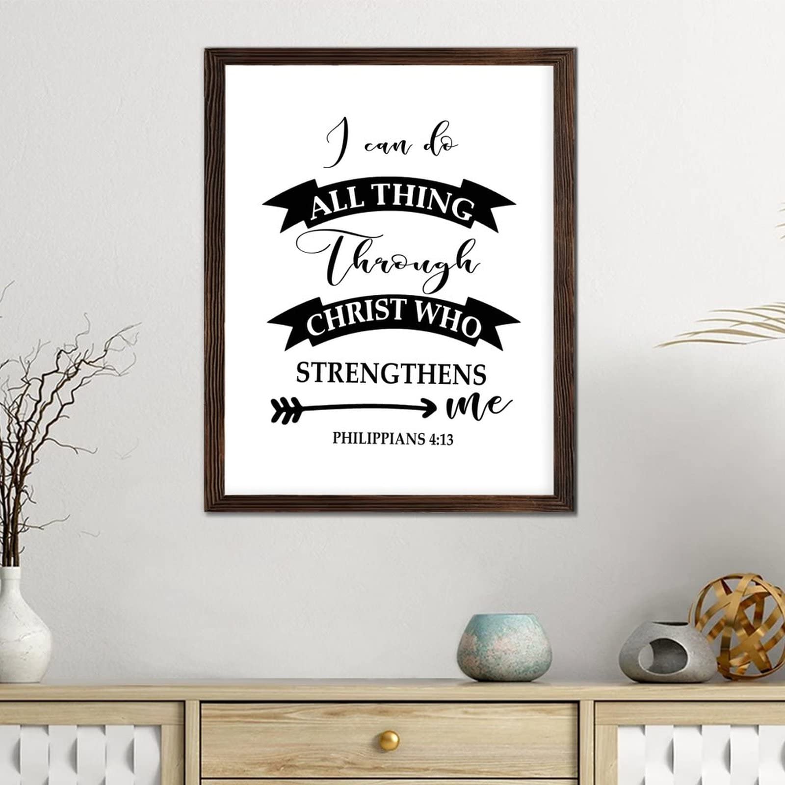 Letrero enmarcado de madera con frases inspiradoras para pared, decoración de pared con texto en inglés ''I Can Do All Thing Through Christ'', letrero de madera rústica para colgar en la pared,