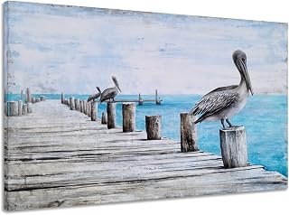 SYGALLERIER Coastal Canvas Wall Art with Textured - Large Bird Paintings on Sea Shore - Rustic Beach Artwork Nautical Pictures for Living Room Bedroom Bathroom Decor