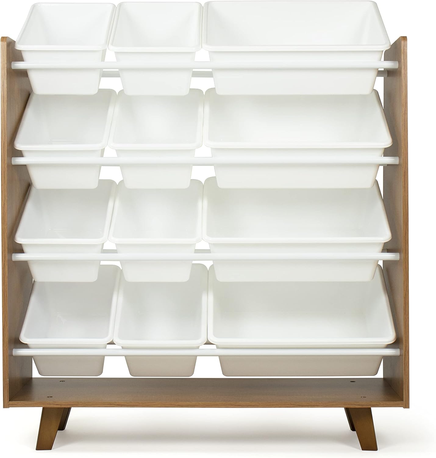 Humble Crew 12-Bin Toy Organizer – Mid-Century Modern Storage Rack with Wood Frame & White Bins, 4-Tier Kids’ Organizer with Angled Legs for Playrooms, Bedrooms & Nurseries
