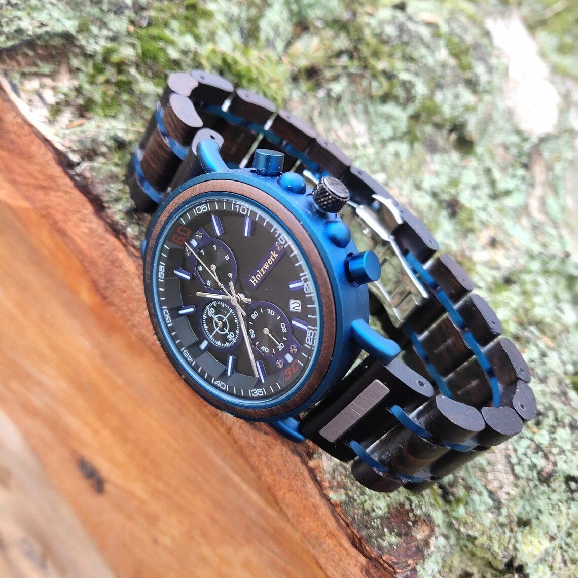 Holzwerk Germany Ręcznie wykonany designerski zegarek męski ekologiczny naturalny drewniany zegarek chronograf bransoletka zegarek analogowy zegarek kwarcowy niebieski brązowy data drewno tarcza