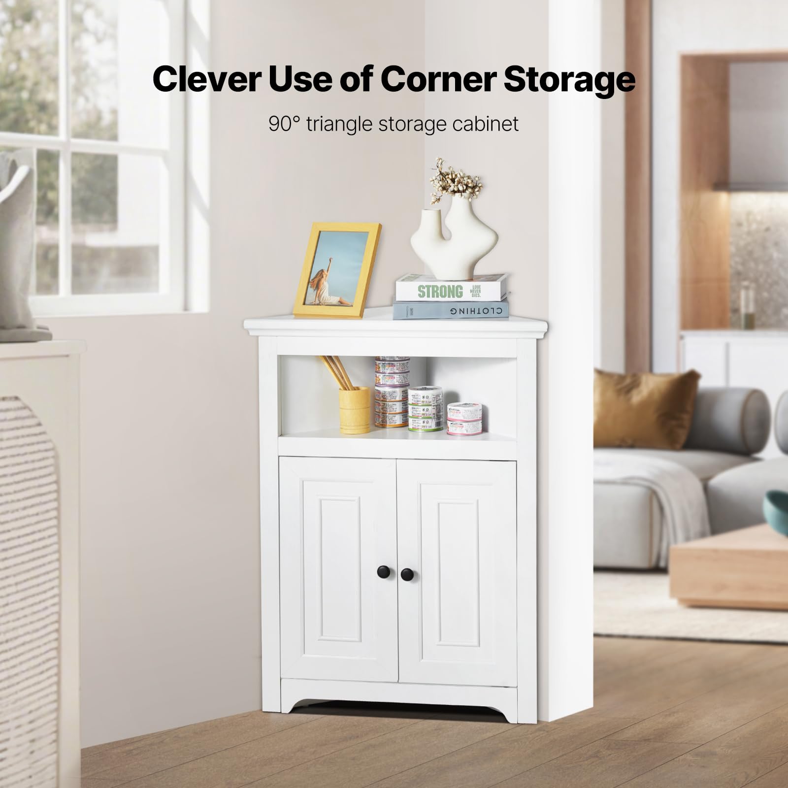 VEVOR Armario de Almacenamiento de Esquina de 645 x 325 x 845 mm, Armario de Almacenamiento Pequeño de 3 Niveles con 2 Puertas de Madera y Estantes Ajustables para Sala de Estar, Cocina, Baño, Blanco