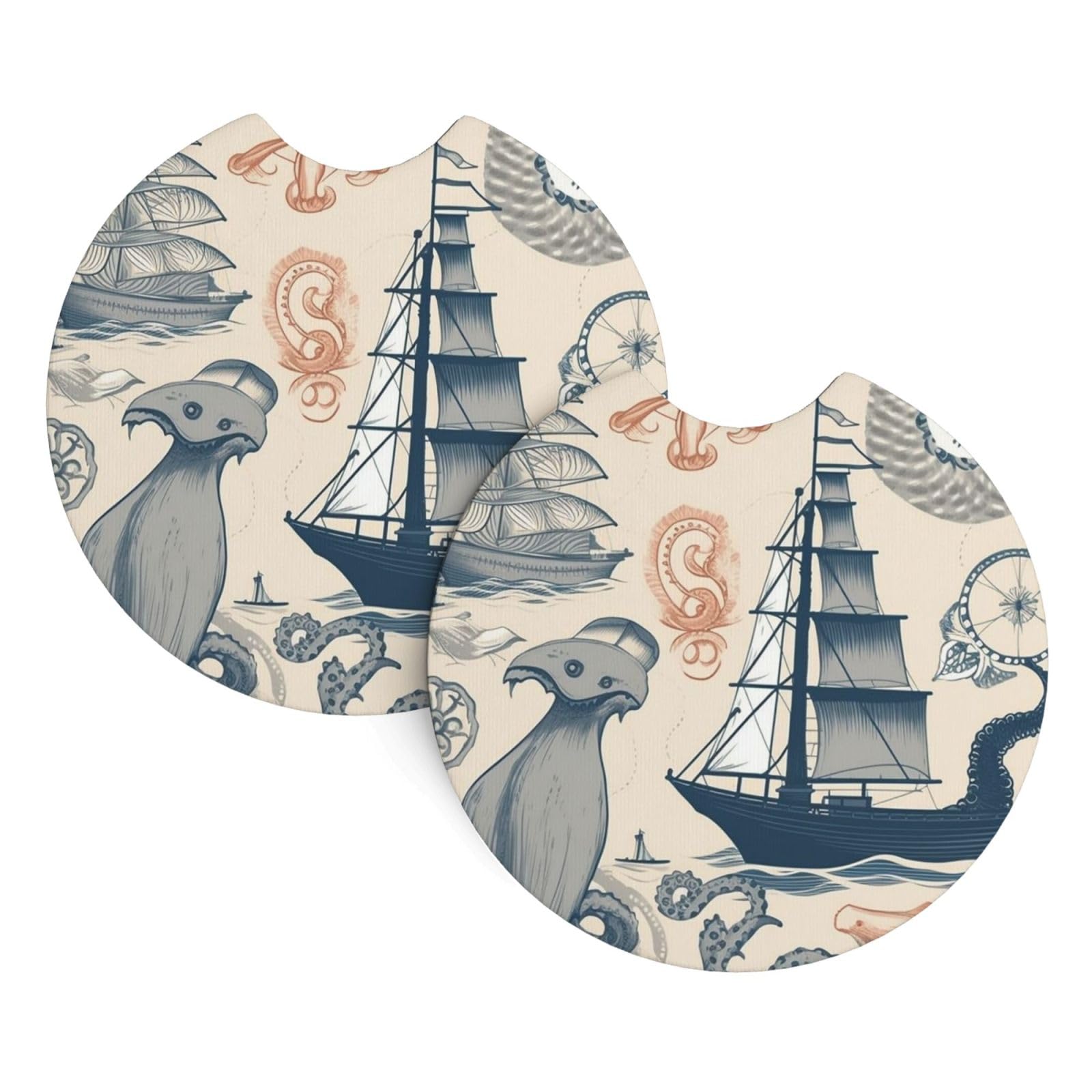2 Pack Car Coaster for Cup Holders Lighthouse Sailboat Fish Shells Octopus Car Cup Coaster 2.7" Neoprene Non-Slip Automotive Cup Mat Universal Auto Car Interior Accessories for Women Men Cup Pad