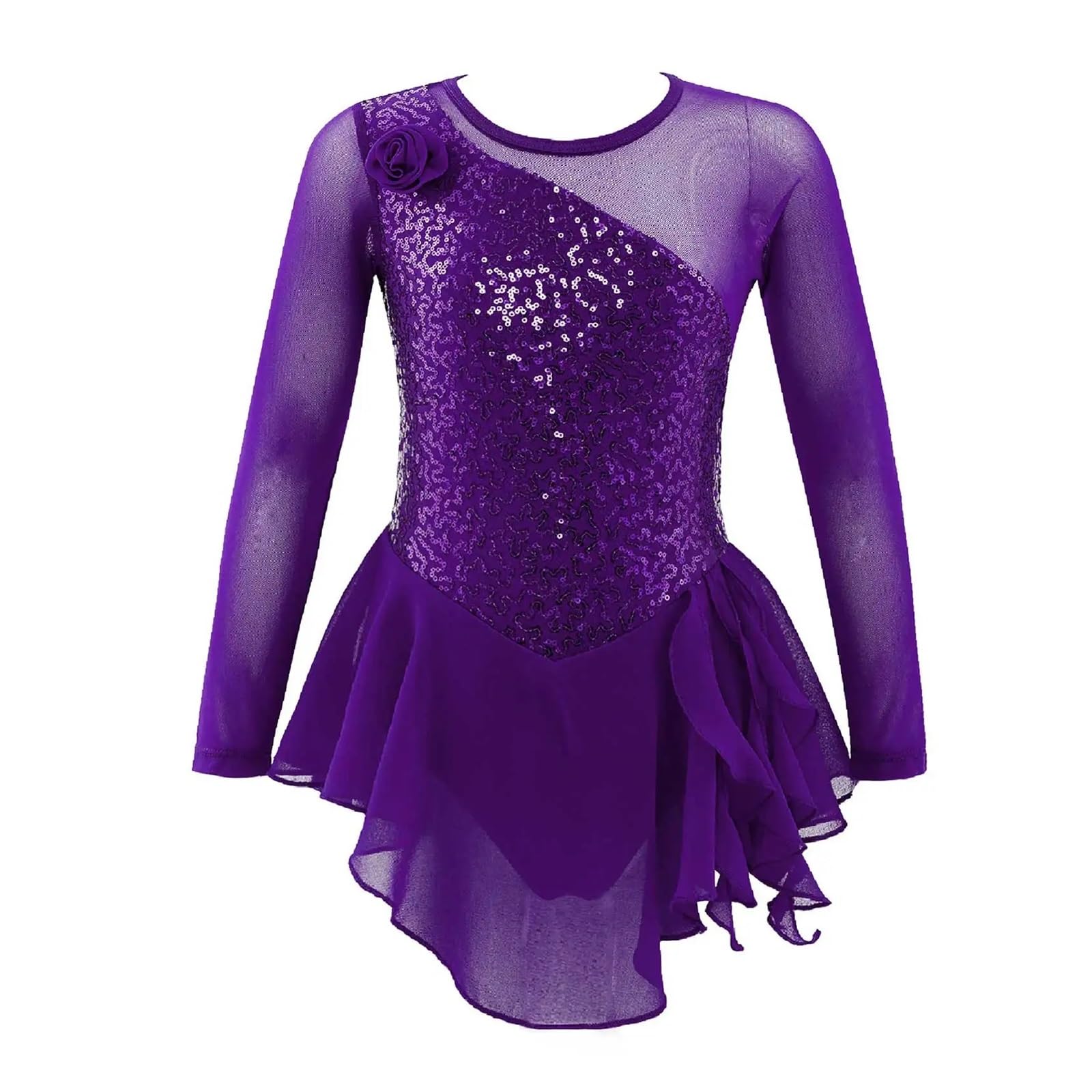 Maillot patinaje artistico Vestido de leotardo gimnástico con lentejuelas for niñas, traje de baile for niños, vestido de patinaje sobre hielo de manga larga de malla, Ropa de baile for actuaciones(Pu
