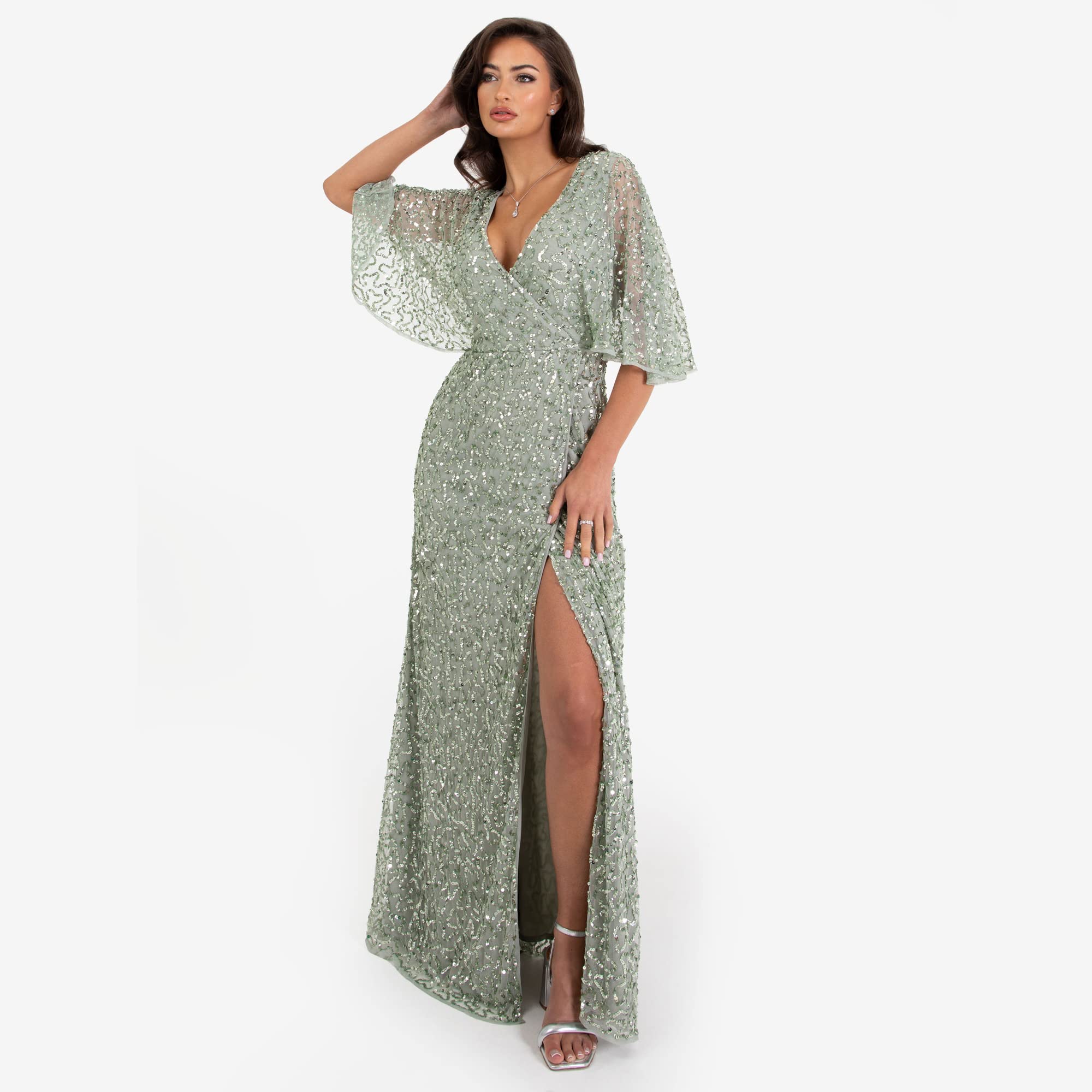 Maya Deluxe Sukienka Kobiety Womens Maxi Dress Ladies Sequin Embellished Wrap A-line Dress For Wedding Guest Bridesmaid Evening Prom Ball Occasion