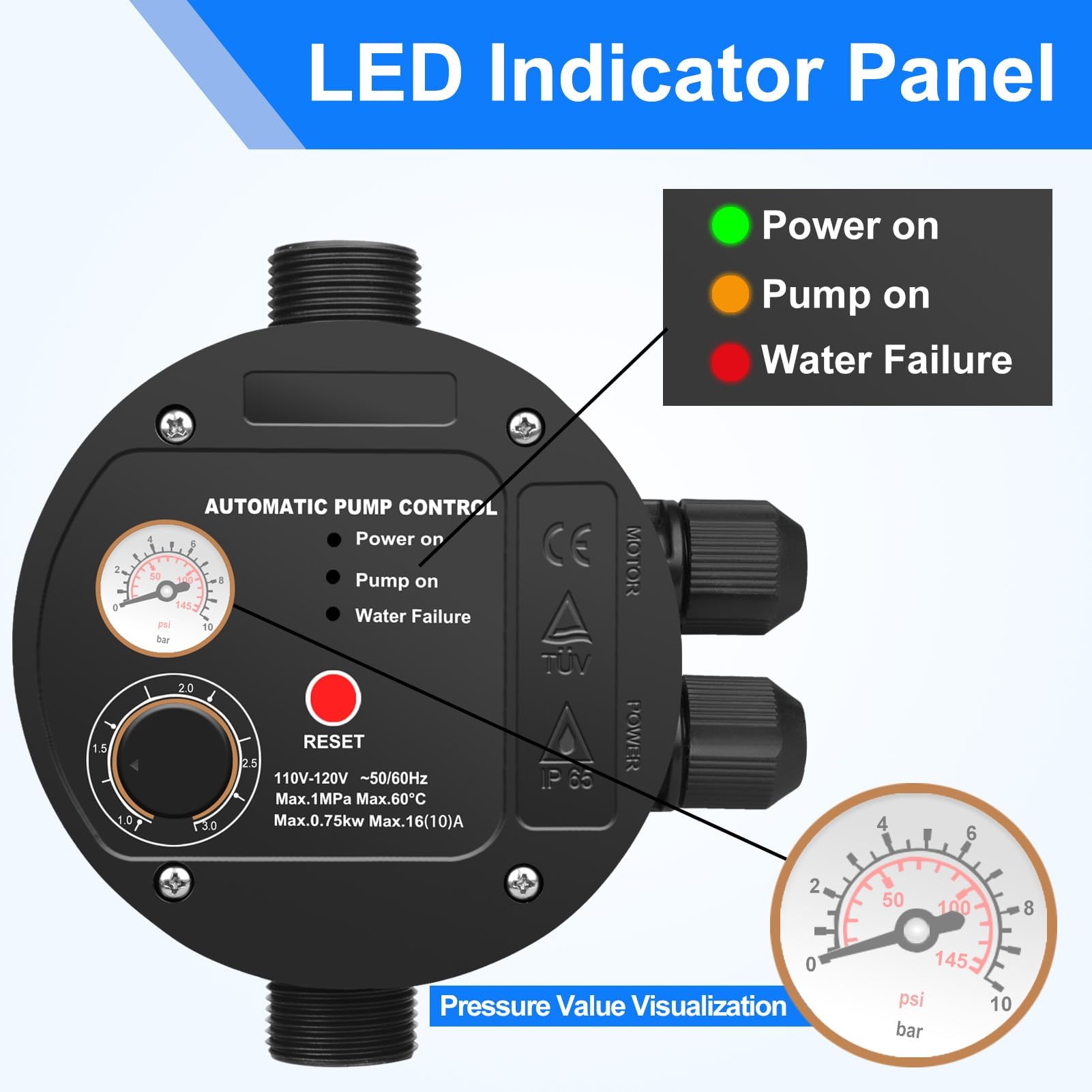 Controlador automático de bomba IP65, ajuste giratorio, conector de bomba de metal, control de interruptor electrónico, controlador de presión de bomba de agua, 110 V/1,5 KW/10 bar, TÜV, CE, ideal
