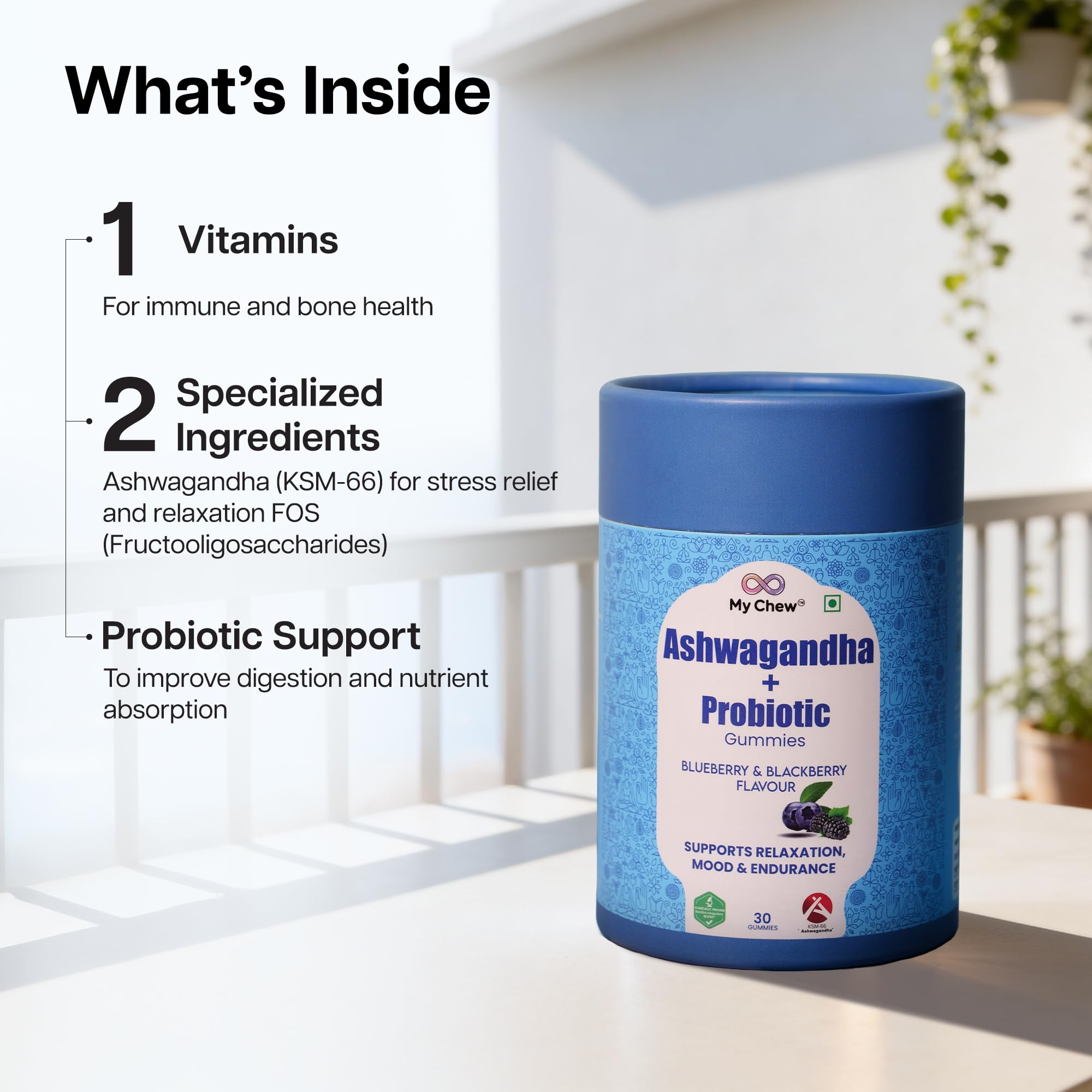 My Chew Probiotic Ashwagandha ksm66 Stress and Anxiety Relief gummies 1 Billion CFU Clinically Proven, No Added Sugar,Vitamin D2 & Probiotic, Supports Relaxation, Immunity & Gut Health,30 Gummies — Amazon image 6