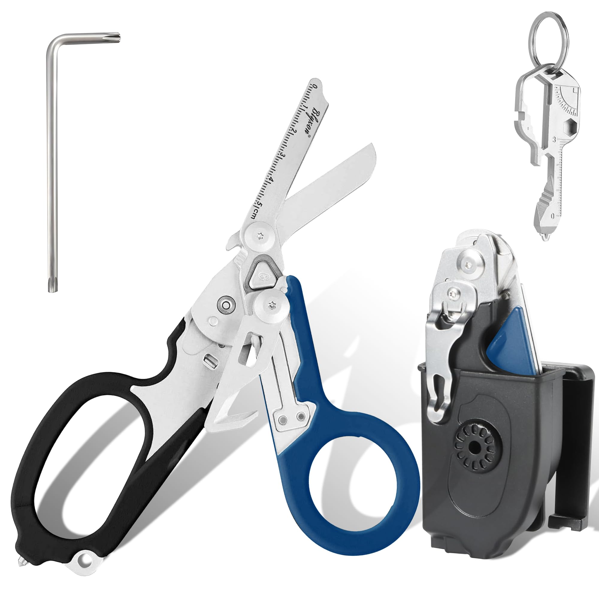 Blyxon 6 In1 Multifunction Emergency Response Shears, Tactical Folding Trauma Shears, Outdoor Camping Rescue Scissors Tools with Utility Holster (Black/Blue)
