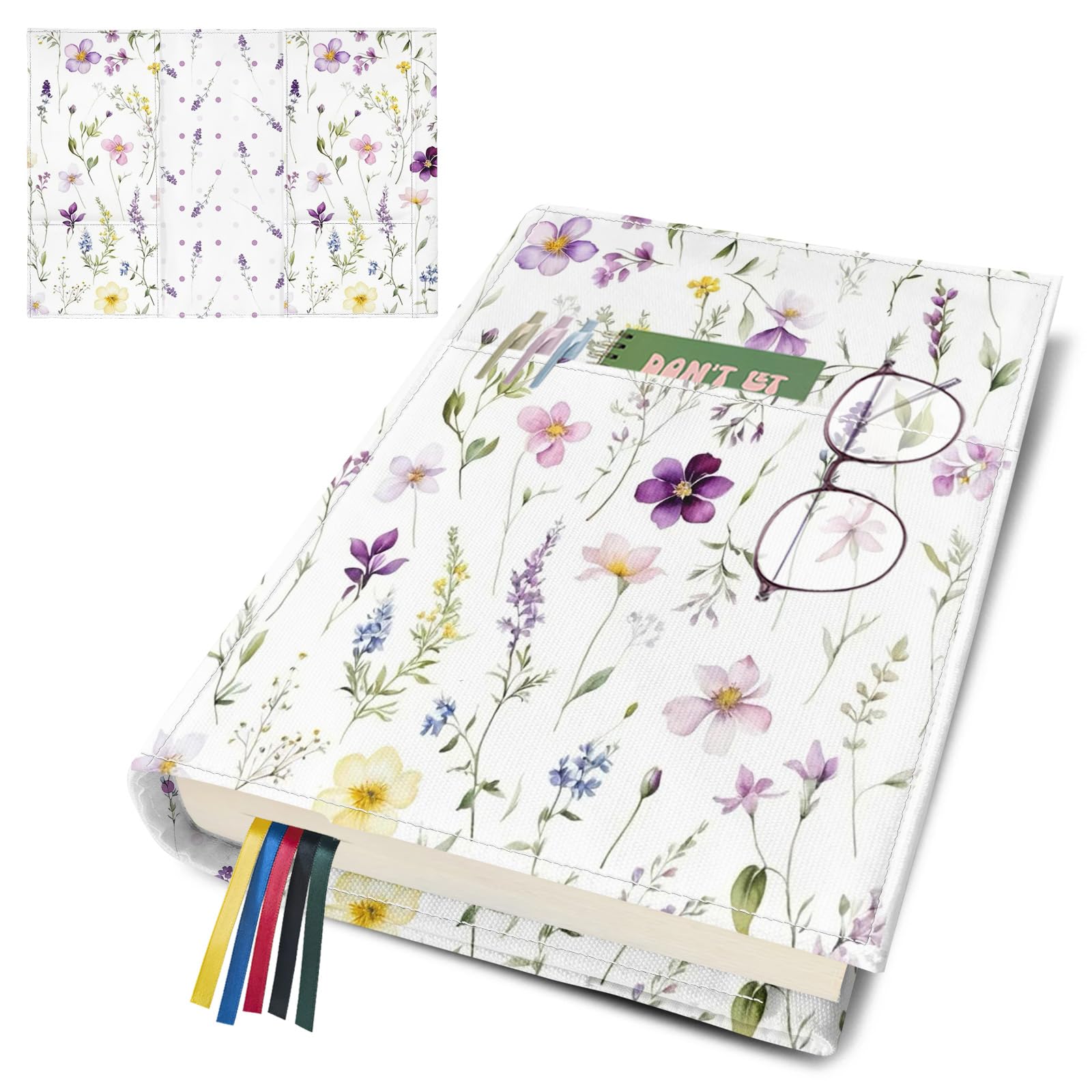 bolimoss Floral Book Sleeve with Bookmark for Paperbacks, Adjustable Reusable Book Cover Protector with Front Pocket, Washable Canvans Book Covers for Novels, Gifts for Women Book Lovers(White,S) — image 1