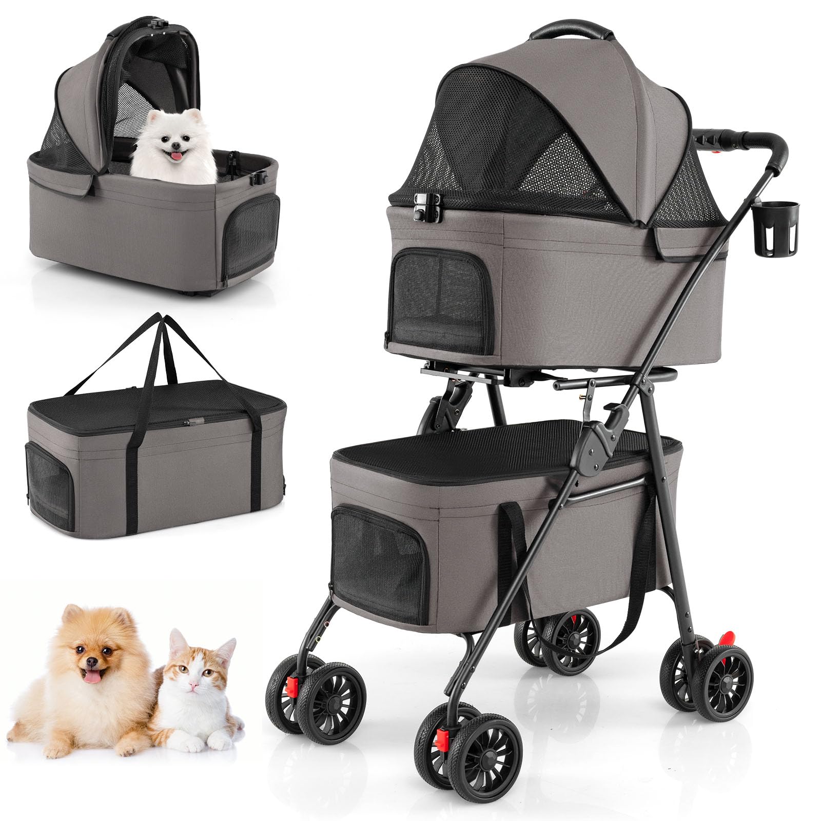COSTWAY Passeggino Doppio per Animali 3 in 1 Pieghevole, Carrozzina per Cani con 2 Portapets Staccabili, Seggiolini Auto e 4 Ruote, Passeggino da Viaggio per Cani e Gatti di Piccola Taglia (Grigio)