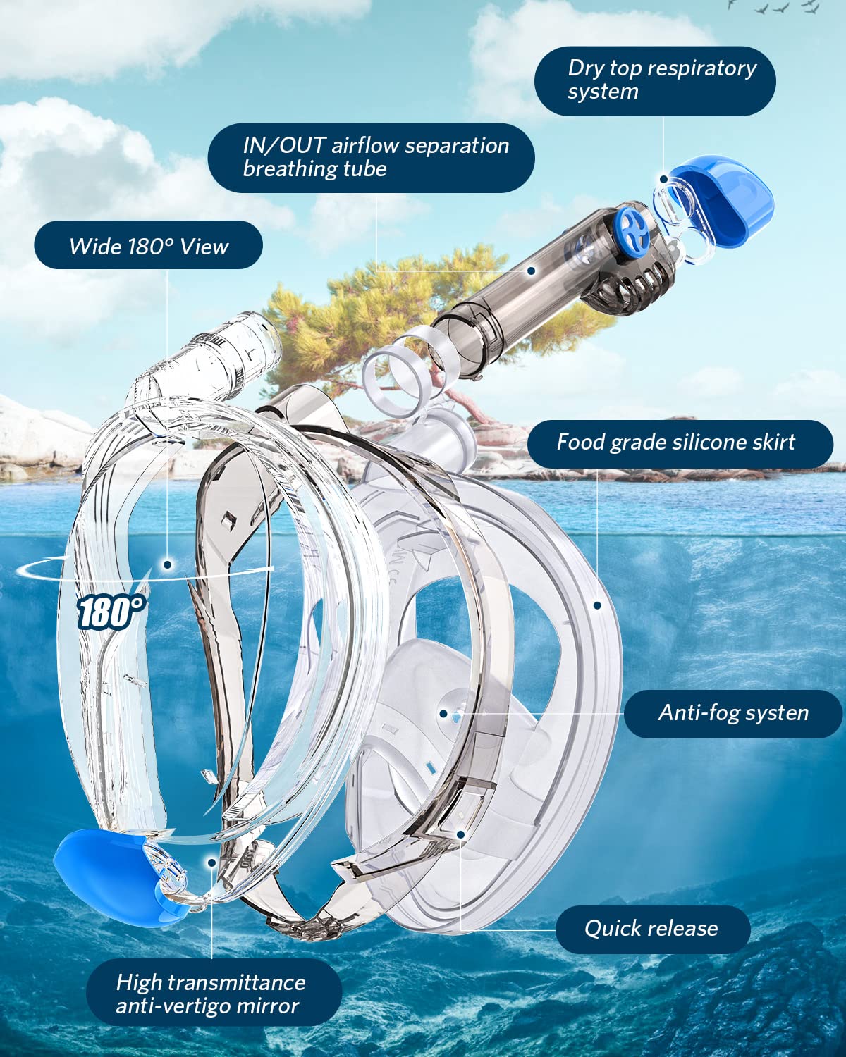 QingSong Full Face Snorkel Mask, Snorkeling Gear with Camera Mount, Foldable 180 Degree Panoramic View Anti-Fog Anti-Leak, Snorkeling Set for Kids and Adults