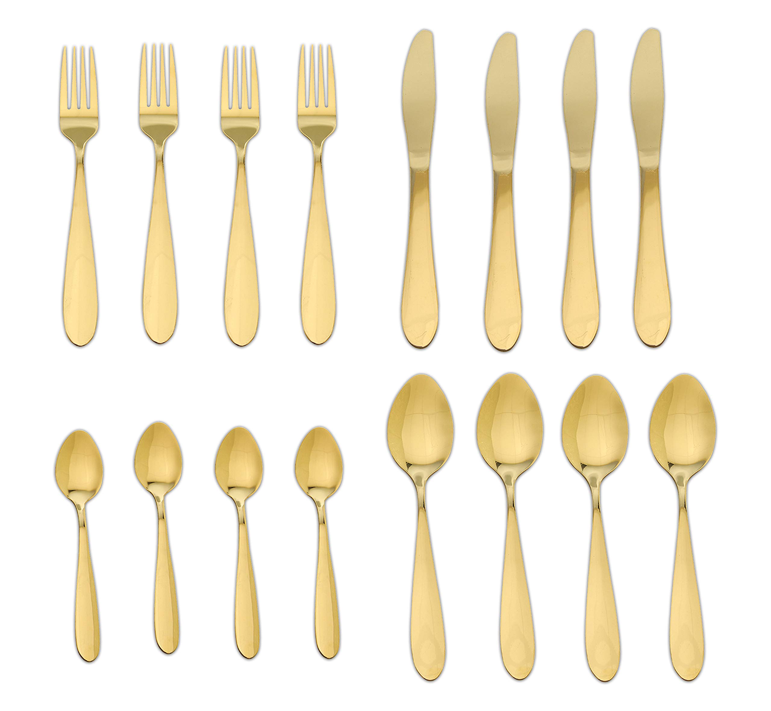 Juego de 16 piezas de acero inoxidable dorado para 4 personas tenedores, cuchillos, cucharas, cubiertos 27